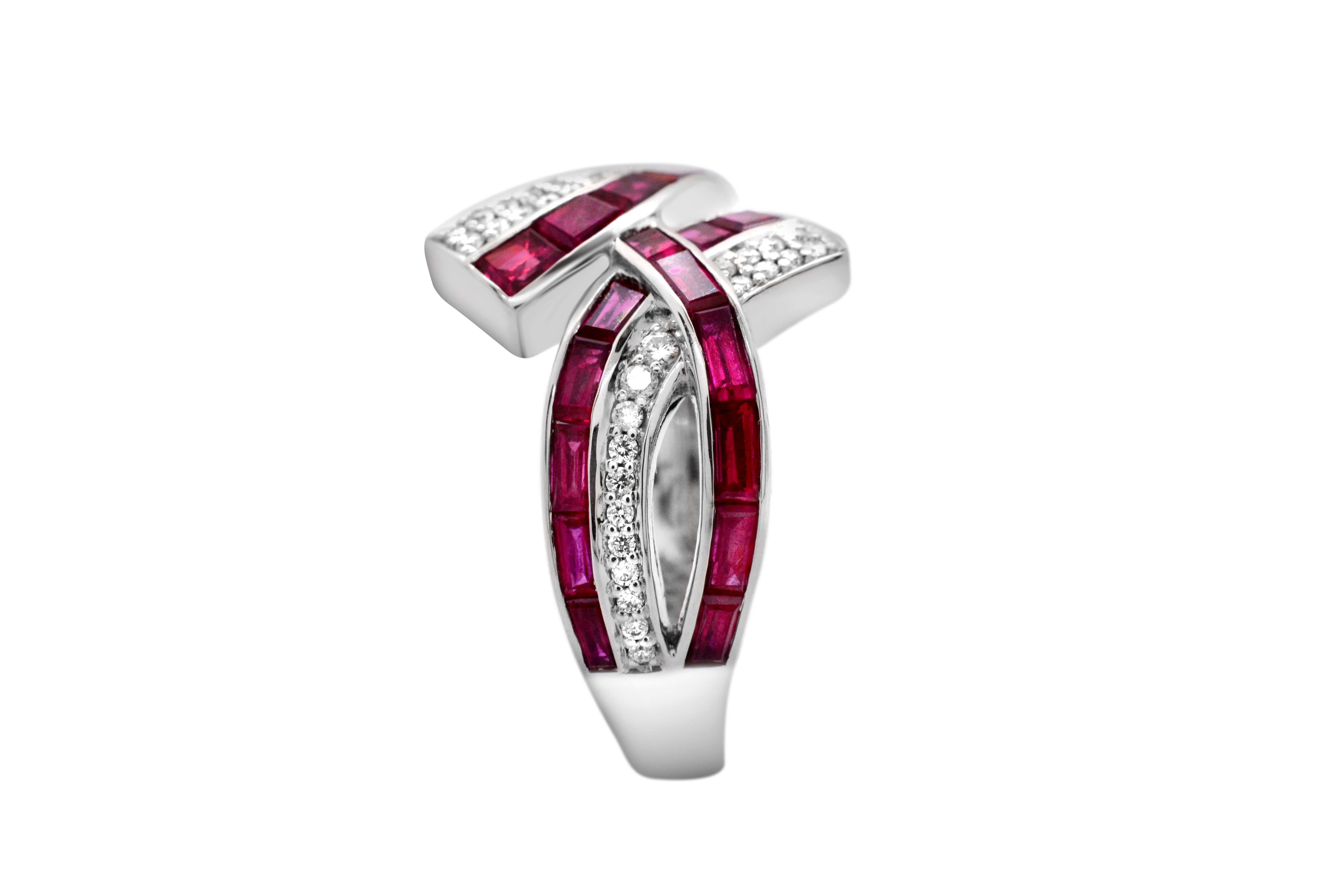 Baguette Cut Ruby Baguettes and Diamond 14 Karat White Gold Bypass Cocktail Ring For Sale