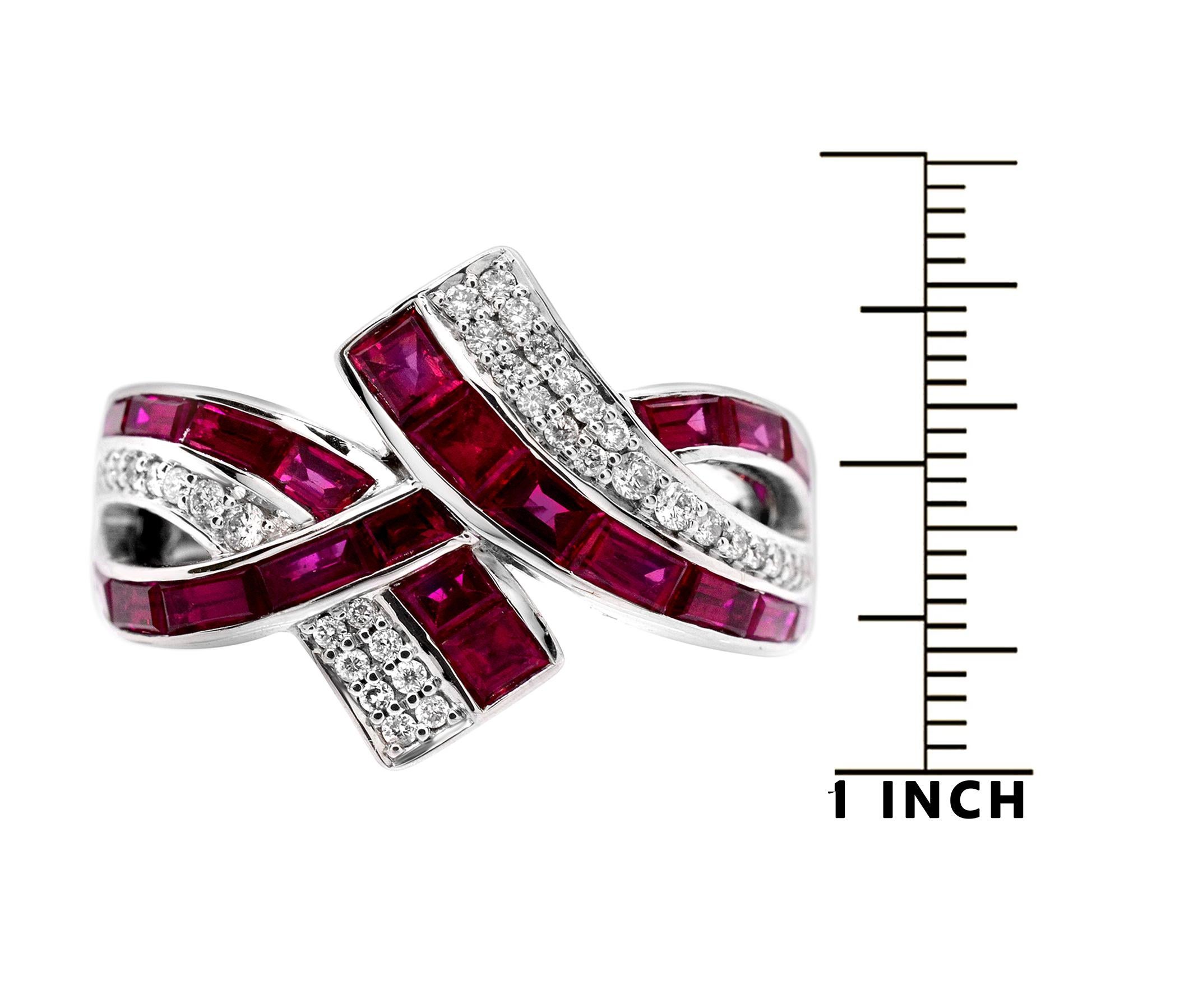 Women's Ruby Baguettes and Diamond 14 Karat White Gold Bypass Cocktail Ring For Sale