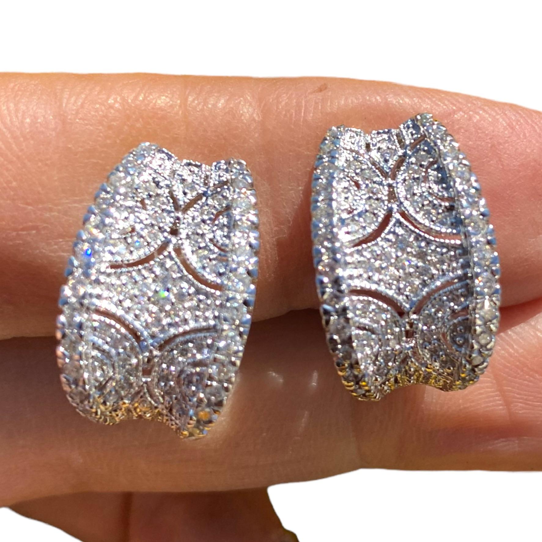 Round Cut 18K White Diamond Pave Earrings .50 Carat Omega Back For Sale