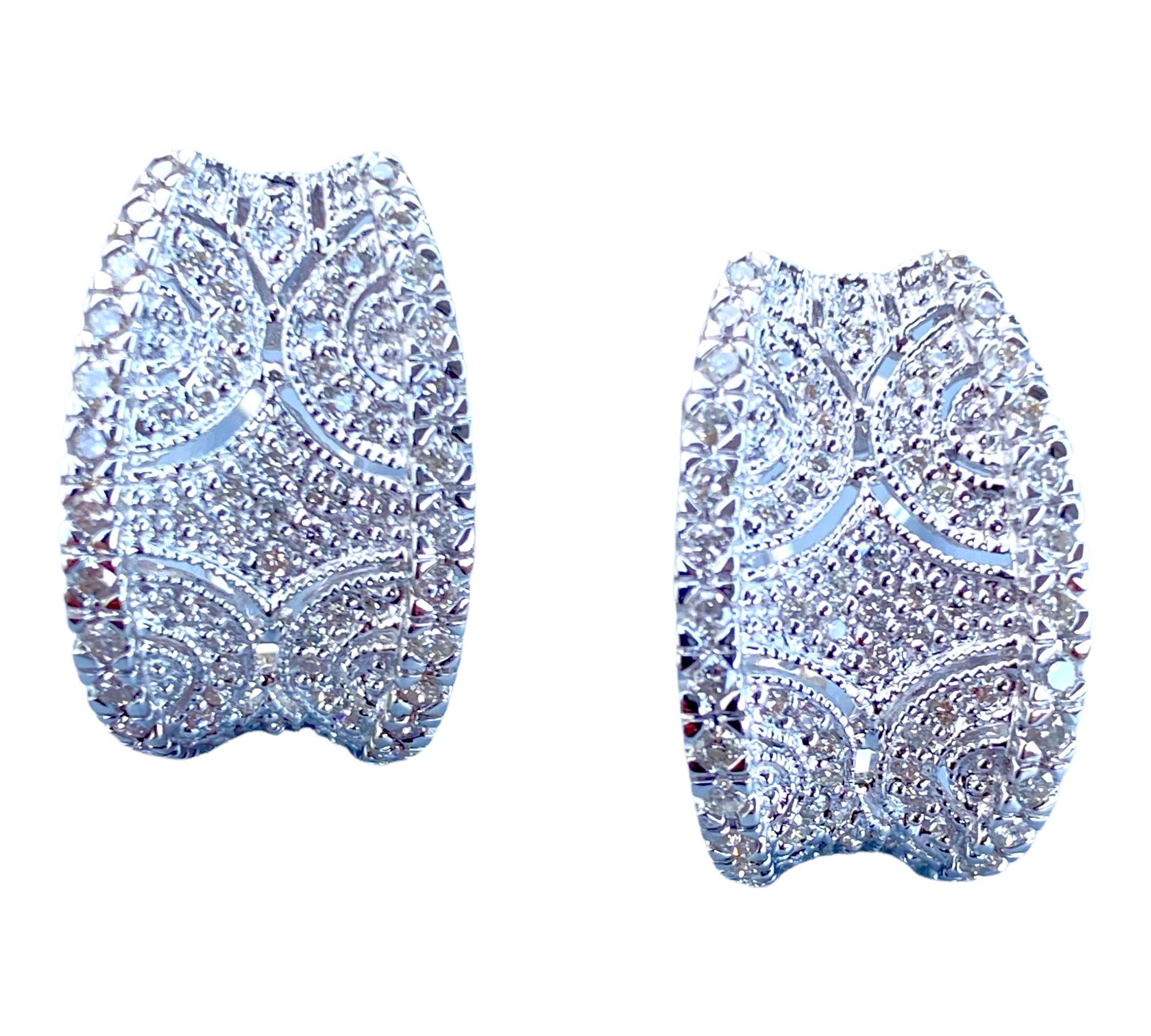 Women's 18K White Diamond Pave Earrings .50 Carat Omega Back For Sale