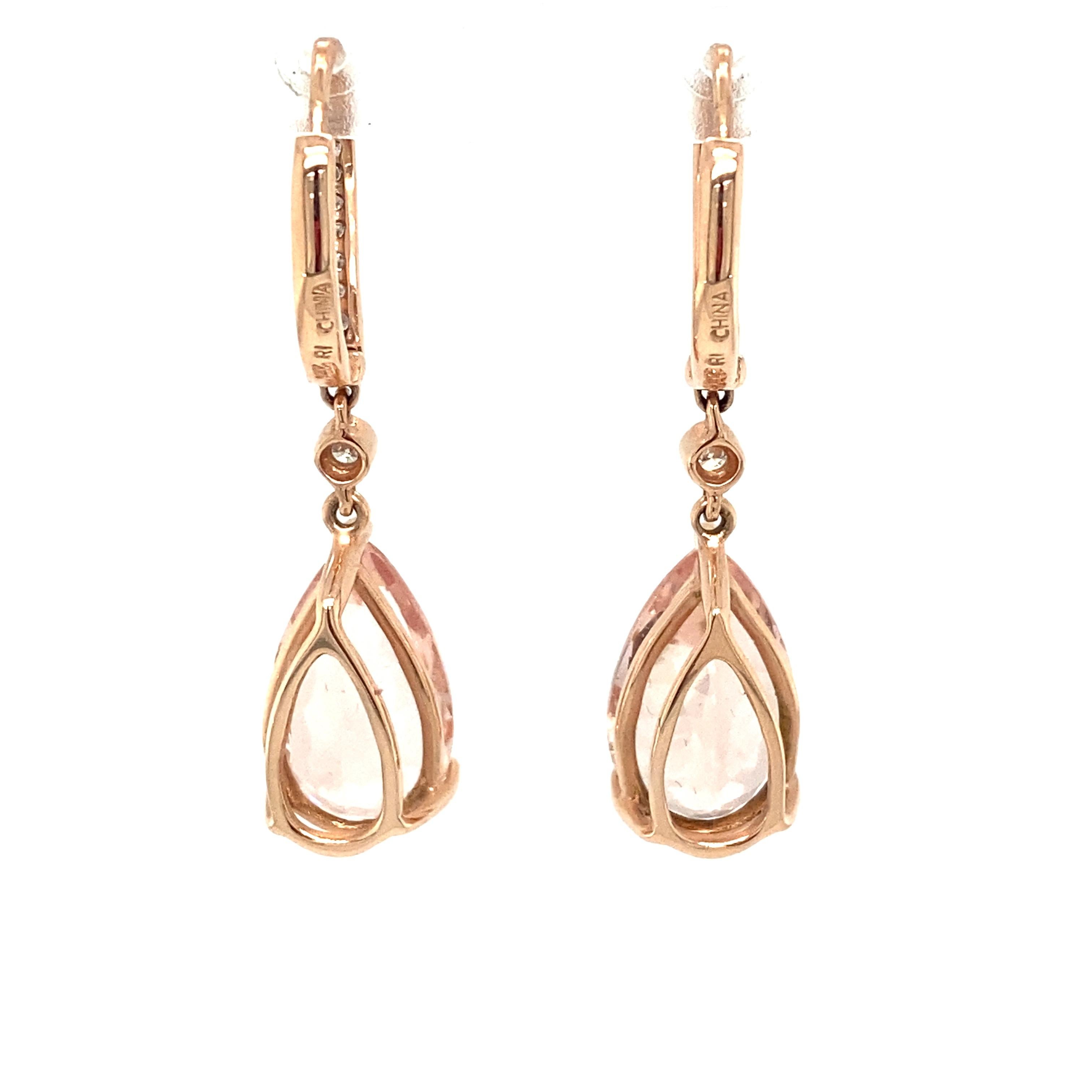 5.0 CTW Pear Morganite and Diamond Dangle Earrings in 14K Rose Gold In Good Condition For Sale In Atlanta, GA