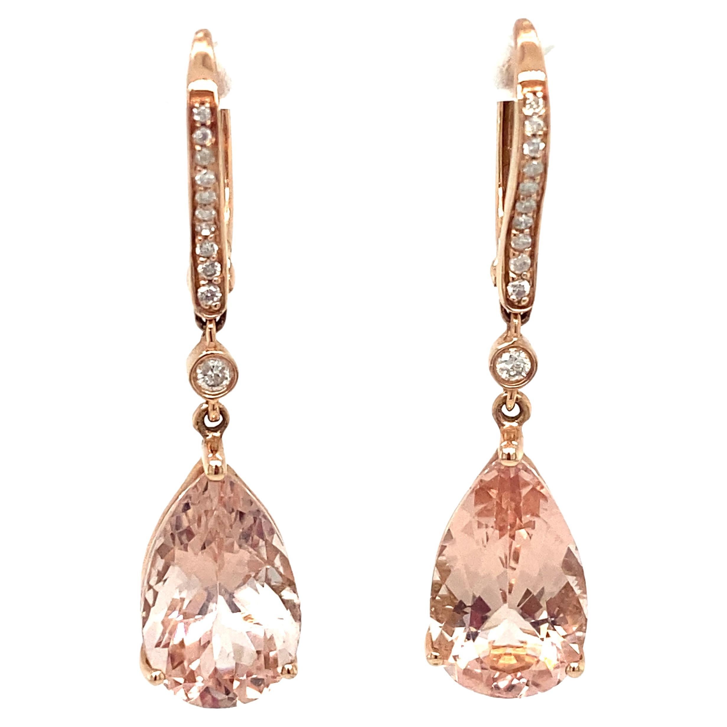 5.0 CTW Pear Morganite and Diamond Dangle Earrings in 14K Rose Gold For Sale