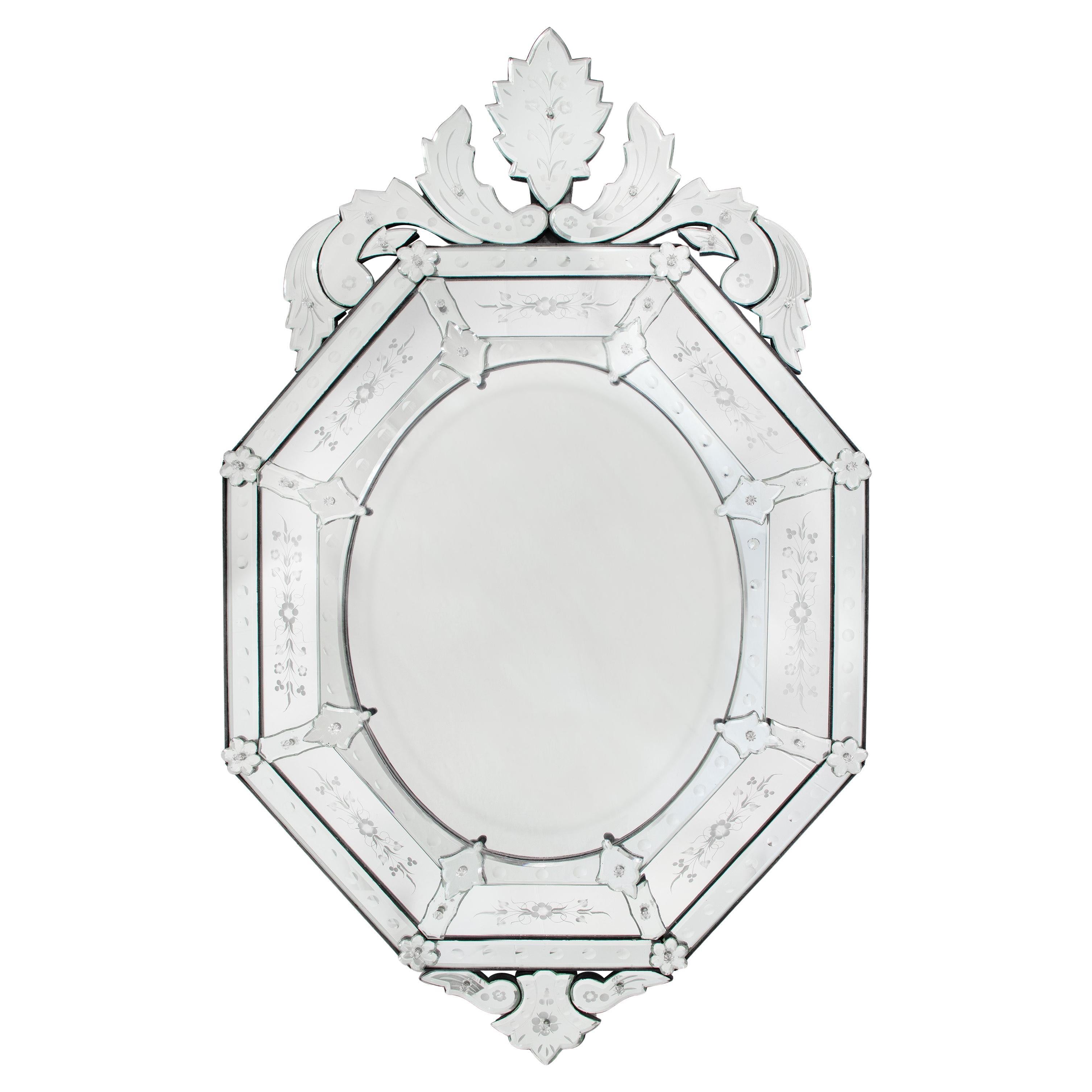 50-Inch Italian 1940s Venetian Etched Glass Mirror with Wood Backing