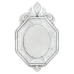 50-Inch Italian 1940s Venetian Etched Glass Mirror with Wood Backing