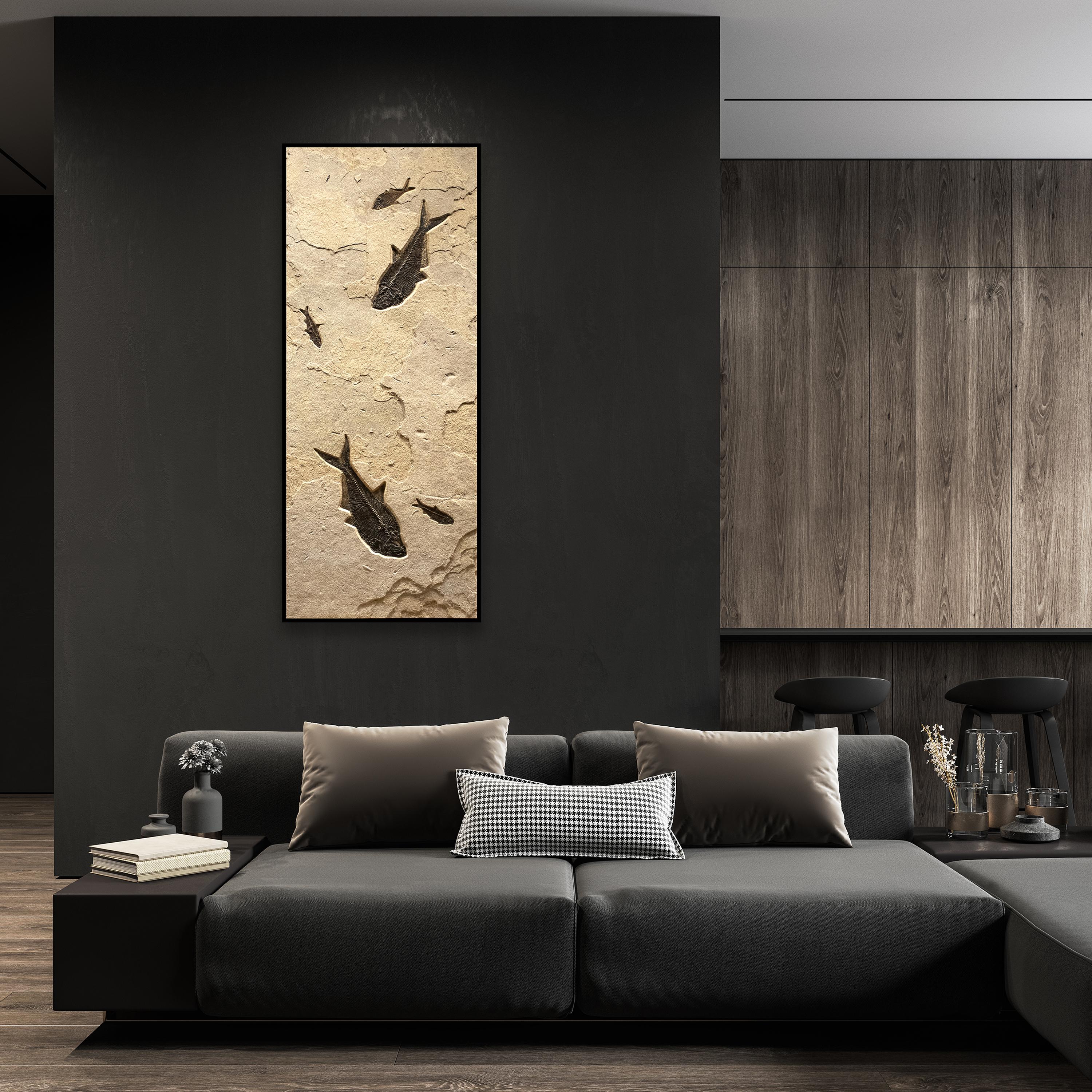 This unique fossil mural features three Diplomystus dentatus and two Knightia eocaena, all of which are Eocene era fossils dating back about 50 million years. This grouping of ancient fish swims in a beautifully textured matrix of natural,