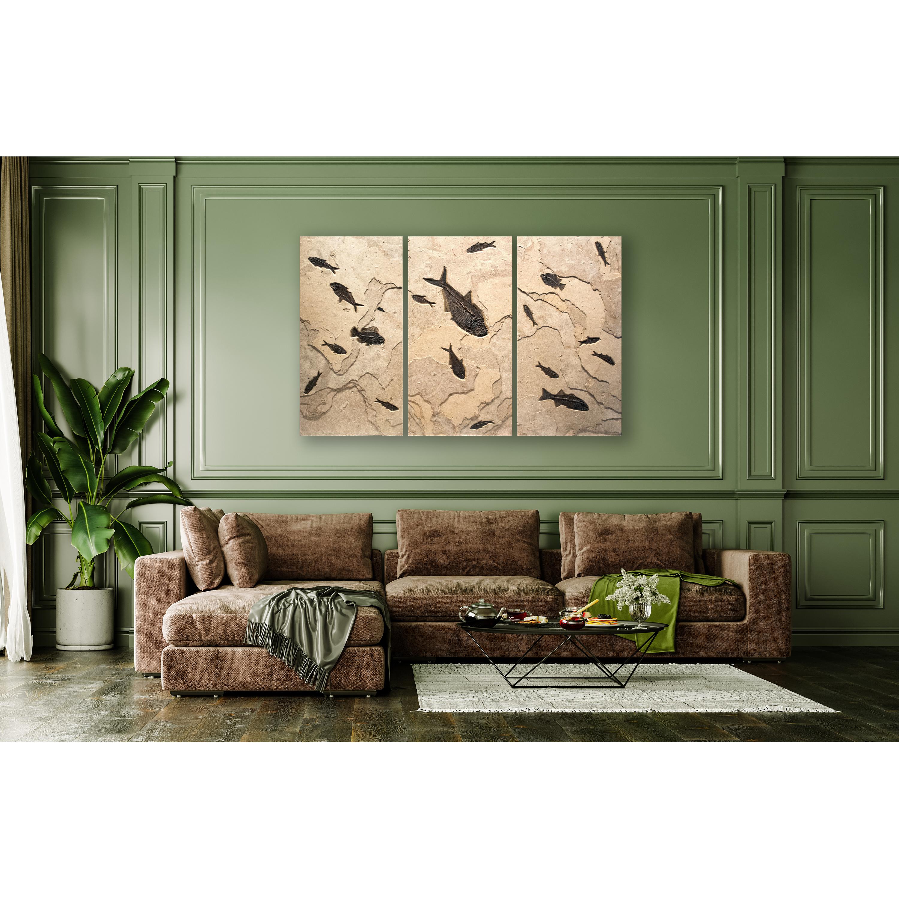 This exemplary slice of natural history compliments a wide range of design style, from traditional to rustic to modern. The contrast of sculptural limestone and the ancient fossils in this elegant stone triptych will be a dramatic focal point