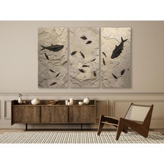 50 Million Year Old Eocene Era Fossil Fish Triptych Mural in Stone, from Wyoming
