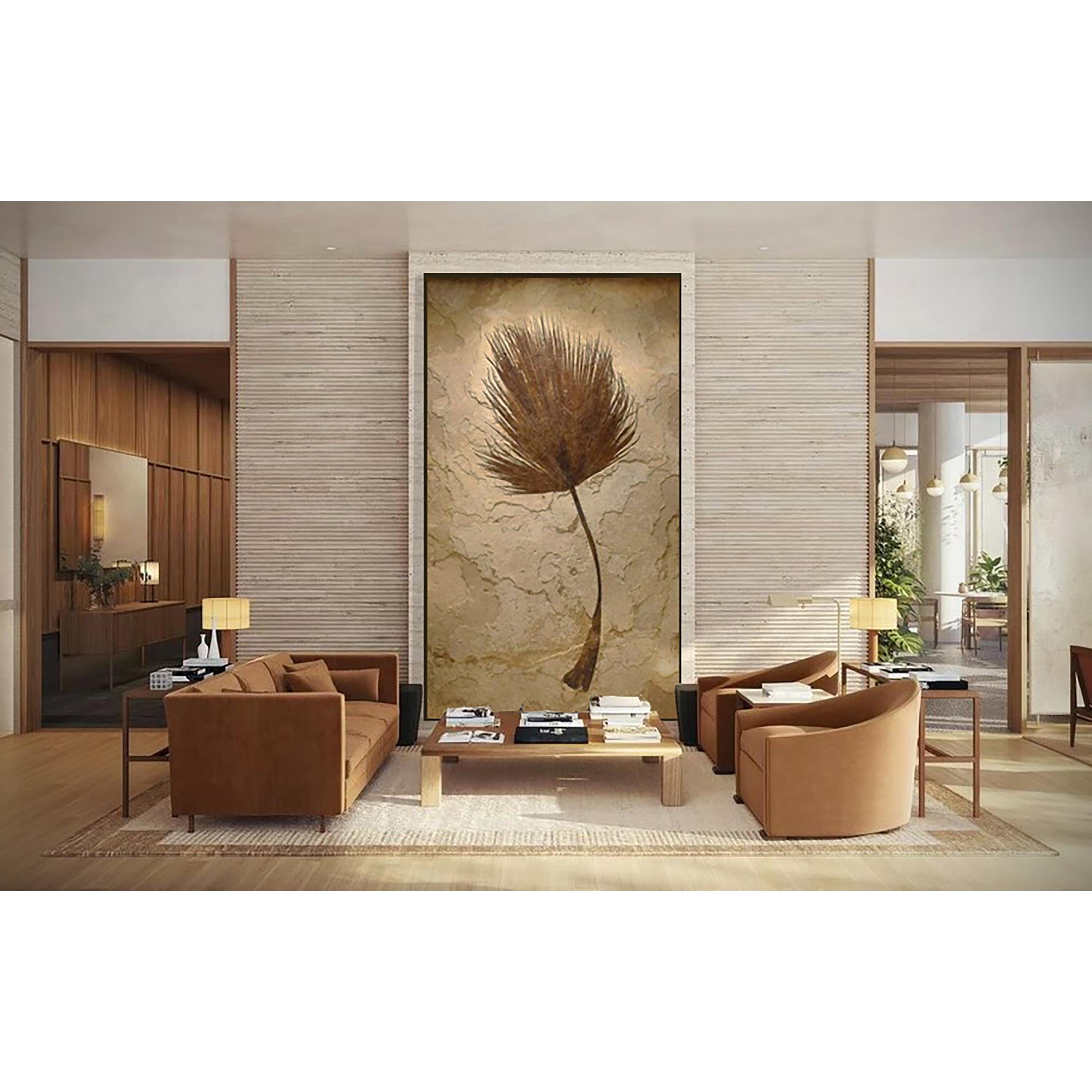 This mural features a impressively sized fossilized palm frond, an Eocene era fossil dating back about 50 million years. Plant life often produces some of the most aesthetic Green River Formation fossils we have prepared over the years; due to the