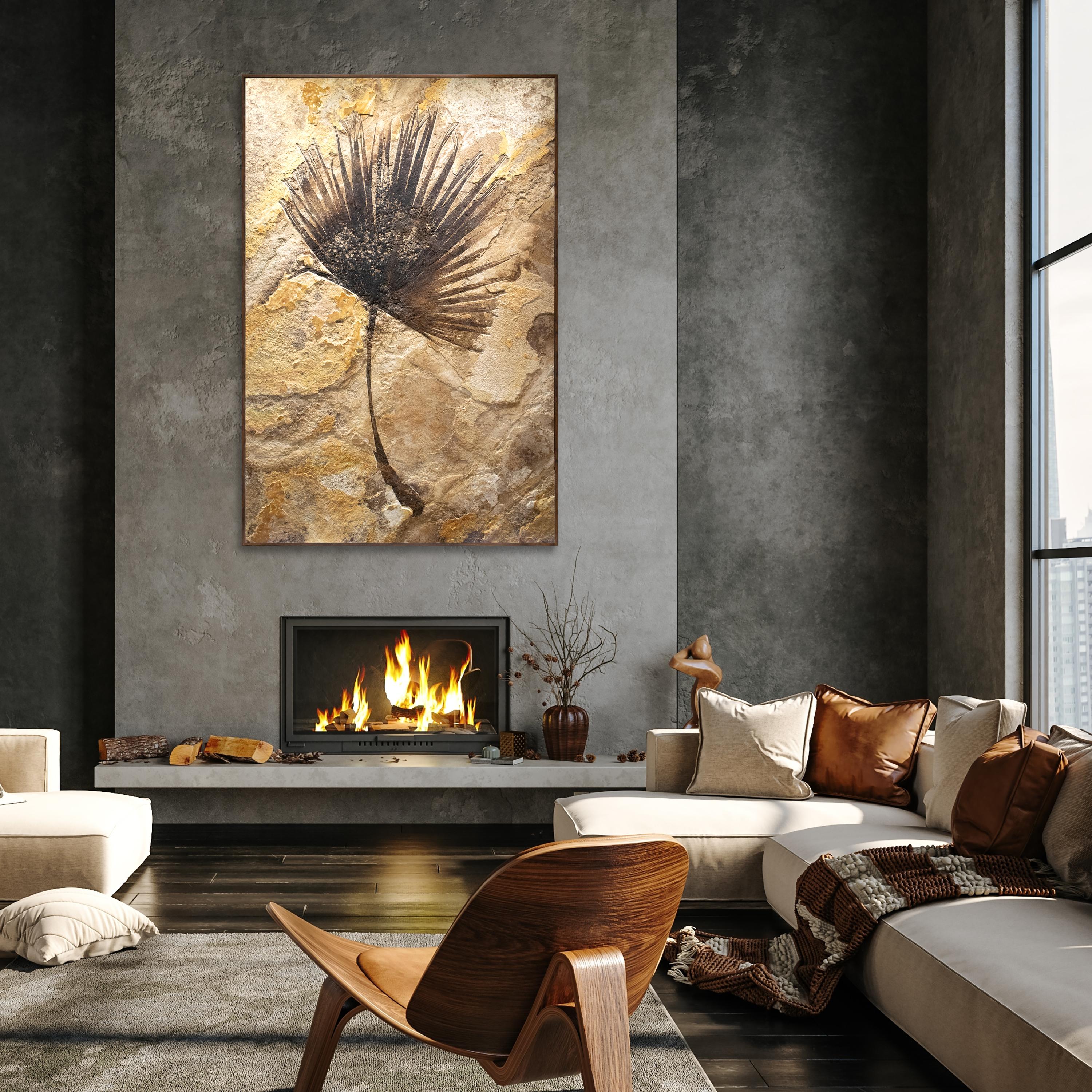 A beautifully detailed fossil palm leaf is exquisitely preserved within a richly textured and boldly colored stone matrix. This 50 million year old fossil palm frond dates to the Eocene Era. The palm leaf exhibits an unusual crystalline structure