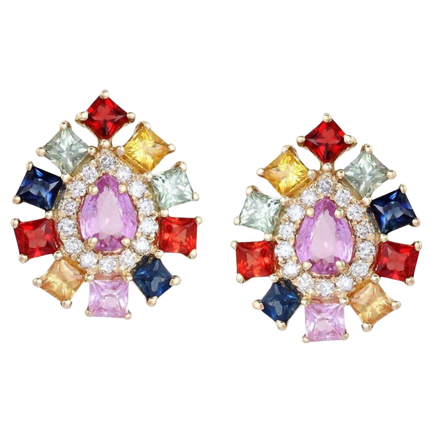 50 Multi Sapphire 14K (oder 18k auf Anfrage) Gelbgold Diamant Ohrstecker