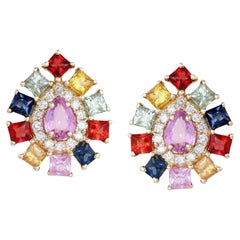 50 Multi Sapphire 14K (or 18k upon request) Yellow Gold Diamond Stud Earrings