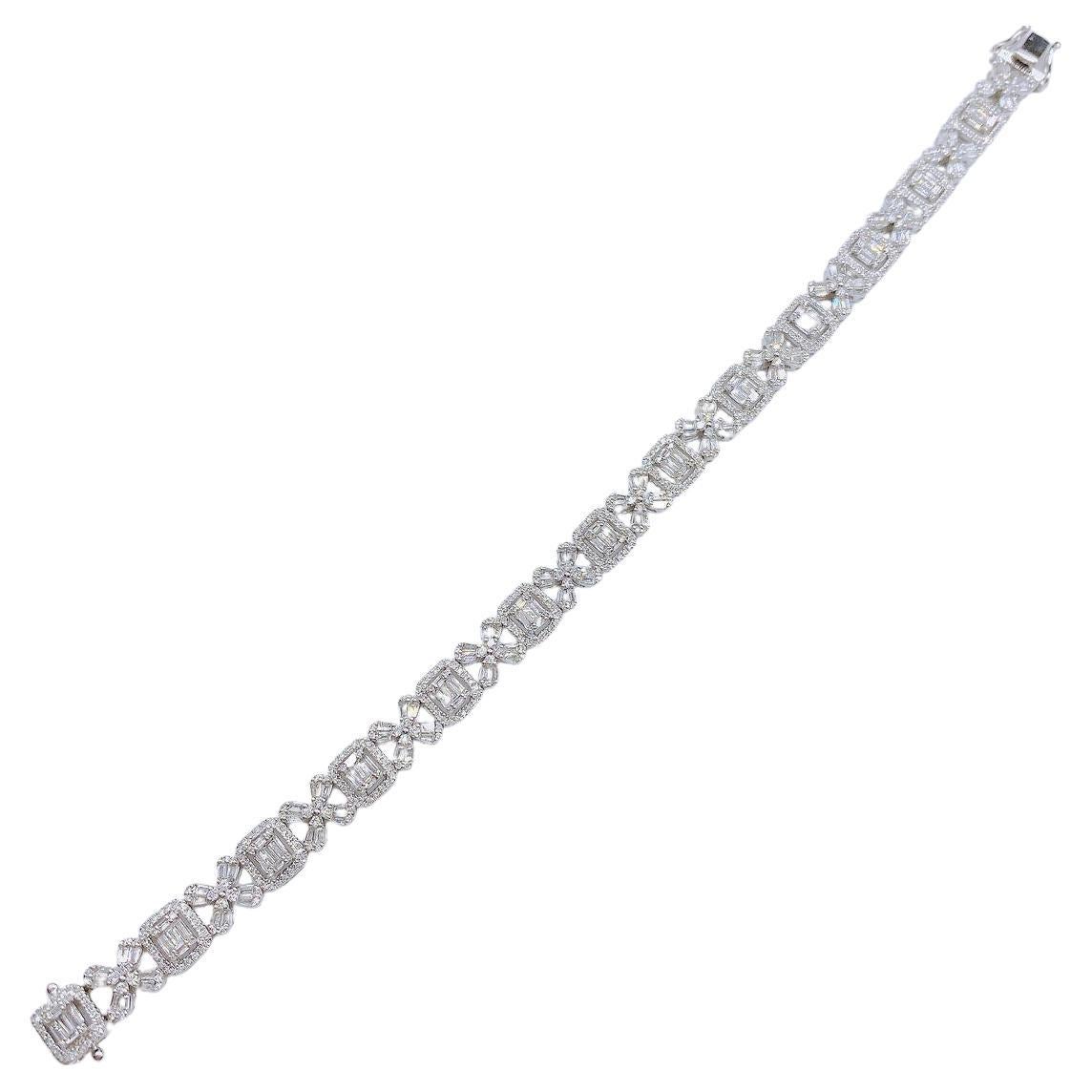 16.699 Rare Important Bracelet Tennis 18KT Gorgeous Baguette Floral Diamond en vente