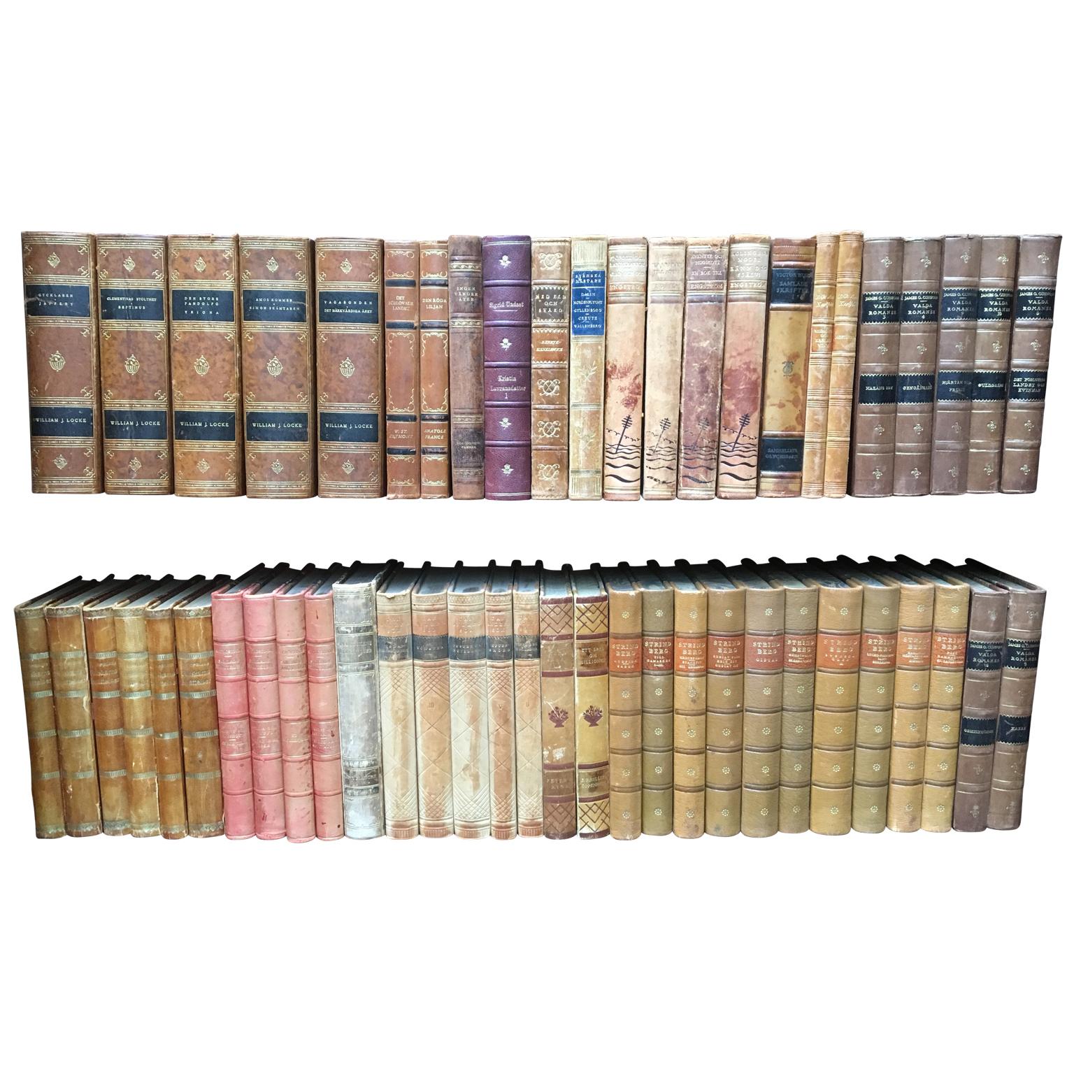 Swedish Scandinavian Antique Leather-Bound Books, Brown And Red Colors