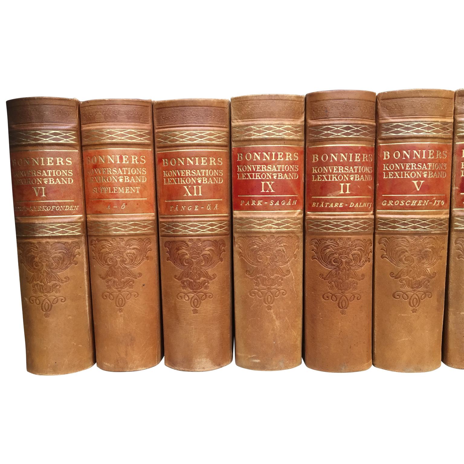 Paper Scandinavian Antique Leather-Bound Books, Brown And Red Colors
