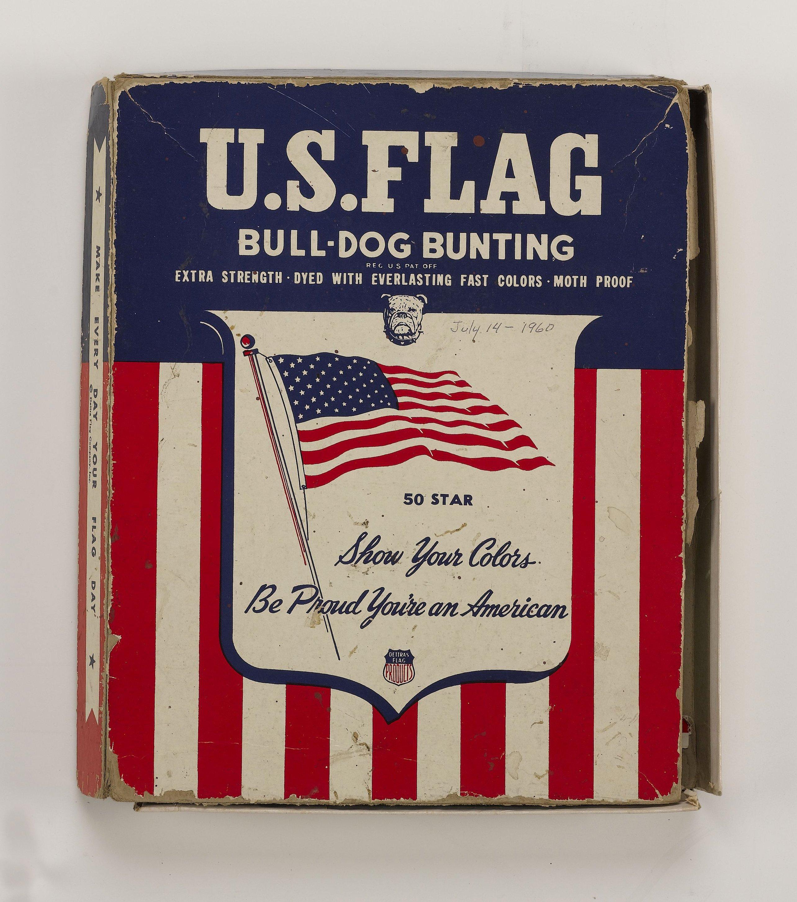 50-Star American flag, Flown over the U.S. Capitol on the Day 50-Star Flags Became Official, 1960

Presented is a cotton, machine-sewn flag with 50 stars. This flag was flown over the Capitol of the United States on July 4, 1960, the day the