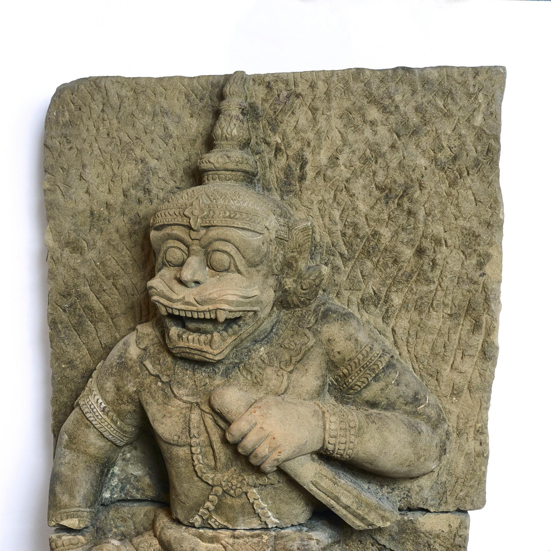 Large Hanuman sculpture carved in sandstone.
Original in 2 parts, professionally assembled by a stonemason with special screws.
Mounted on light sandstone base.
Originates from a temple / pagoda of Arakan, a coastal geographic region in southern