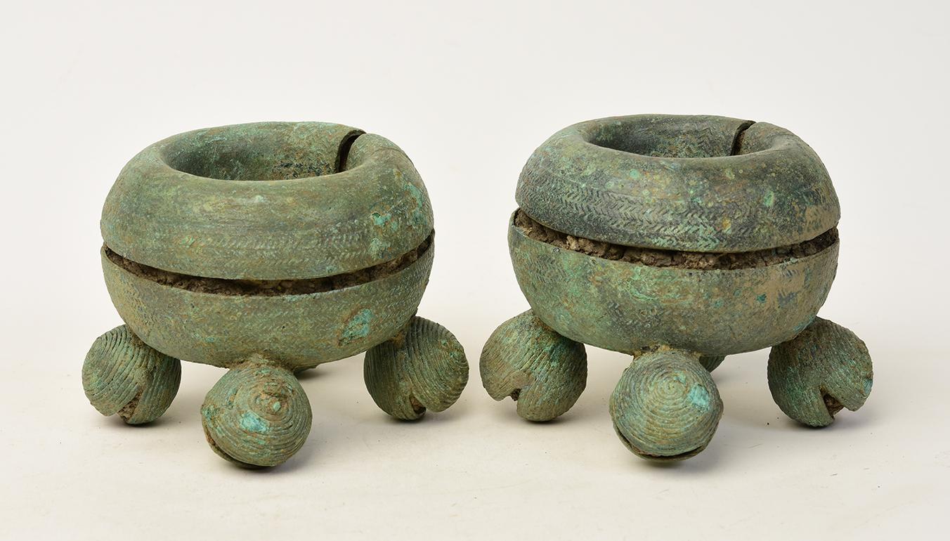 18th Century and Earlier 500 B.C, Dong Son, a Pair of Antique Khmer Bronze Bangle Bracelet with Bells For Sale
