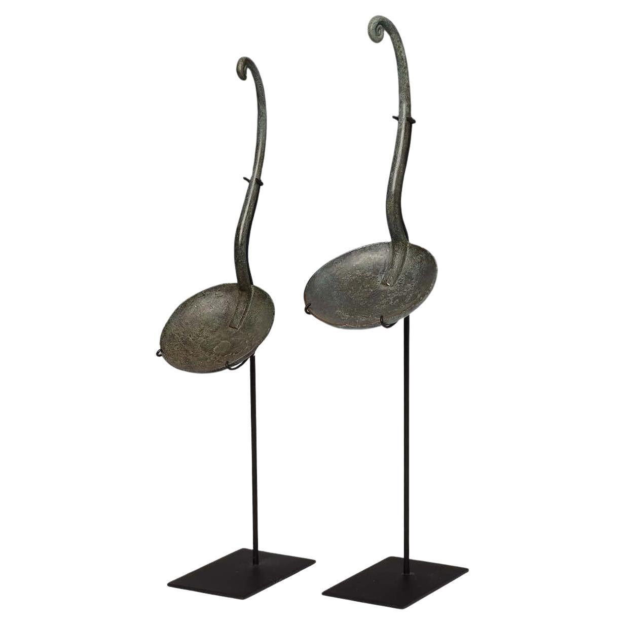 500 B.C., Dong Son, a Pair of Antique Khmer Bronze Ladles