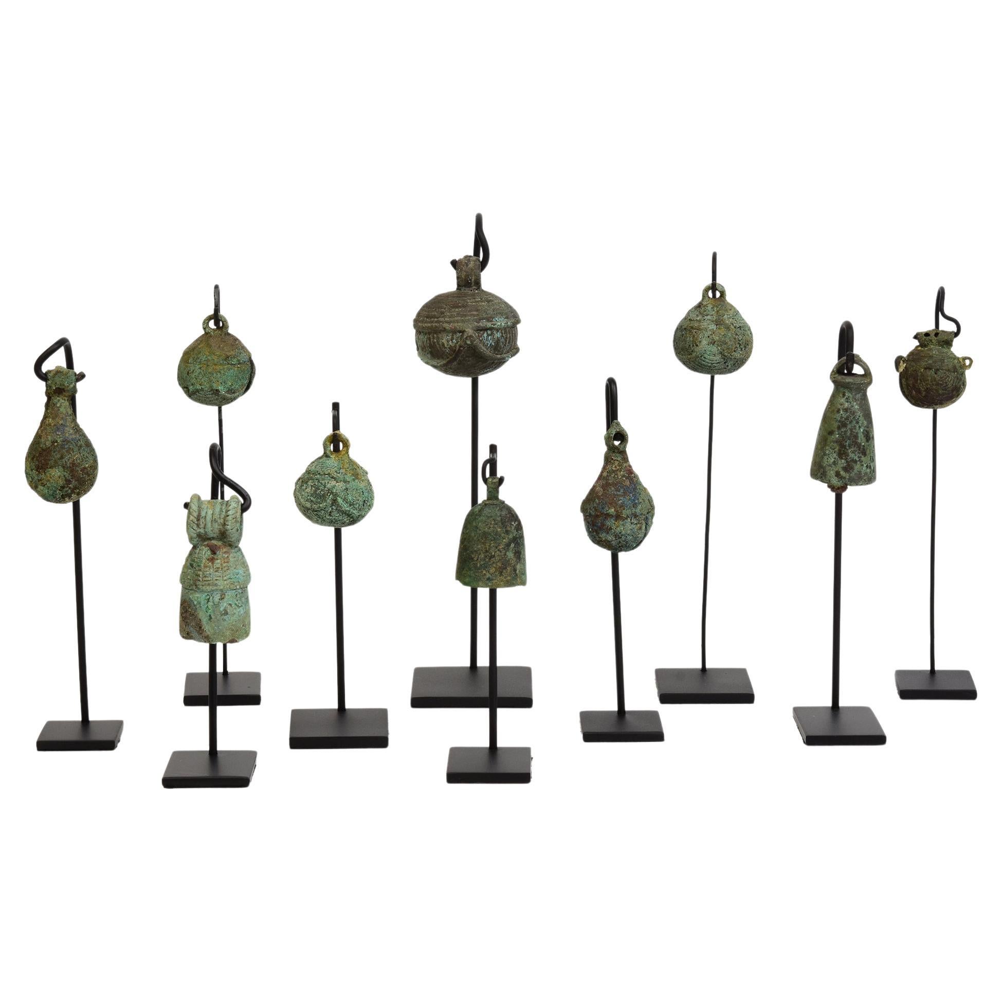 500 B.C., Dong Son, A Set of Antique Khmer Bronze Bells with Stand For