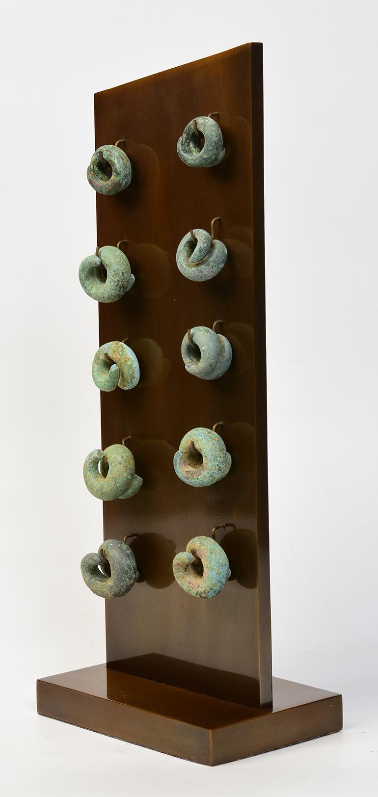 500 B.C., Dong Son, A Set of Antique Khmer Bronze Earrings with Stand 6