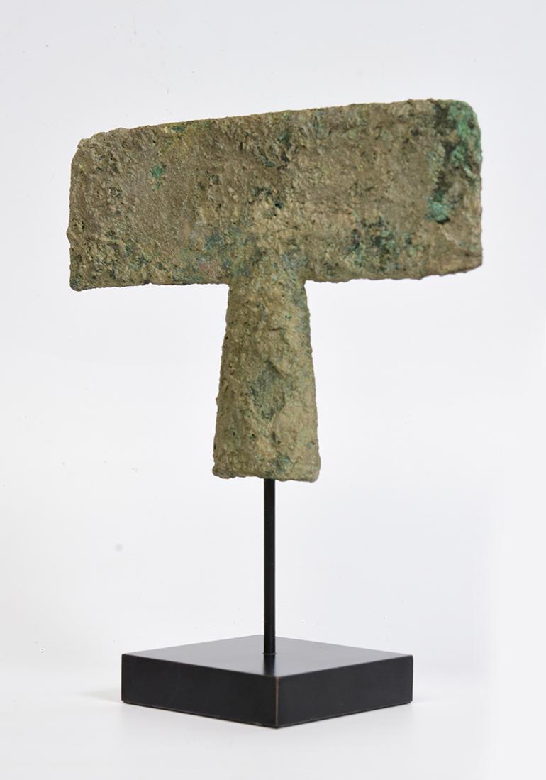 500 B.C, Dong Son, Antique Khmer Bronze Axe with Stand 2