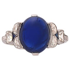 5.00 Carat Art Deco Sapphire Cabochon Platinum Ring with Half-Moon Diamonds 5.00 Carat Art Deco Sapphire Cabochon Platinum Ring with Half-Moon Diamonds