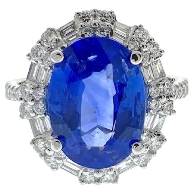 5.00 Carat Blue Oval Sapphire & Diamond RIng In 18k White Gold