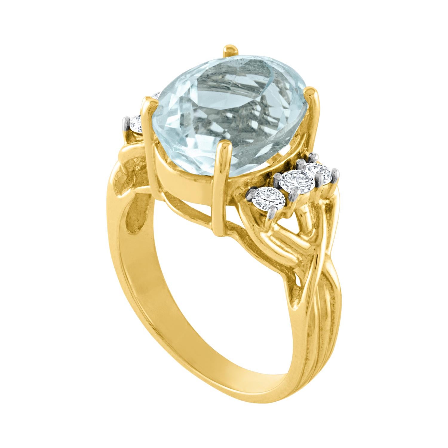 Beautiful Blue Topaz Ring
The ring is 14K Yellow Gold
The center stone is 5.00 Carats Oval Blue Topaz
There are 0.25 Carats In Diamonds F/G SI
The ring is a size 6.5, sizable.
The ring  weighs 6.0 grams.