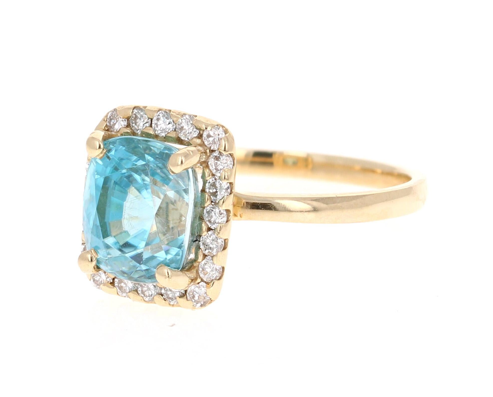 Modern 5.00 Carat Blue Zircon Diamond 14 Karat Yellow Gold Ring