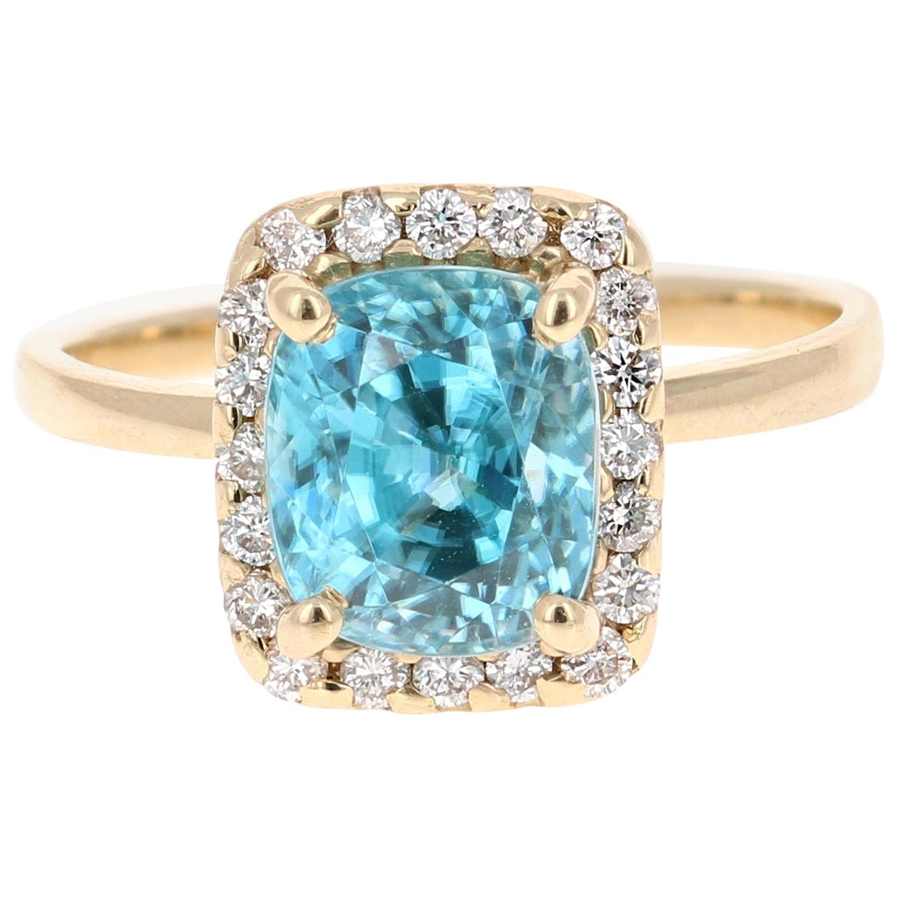 5.00 Carat Blue Zircon Diamond Yellow Gold Ring For Sale