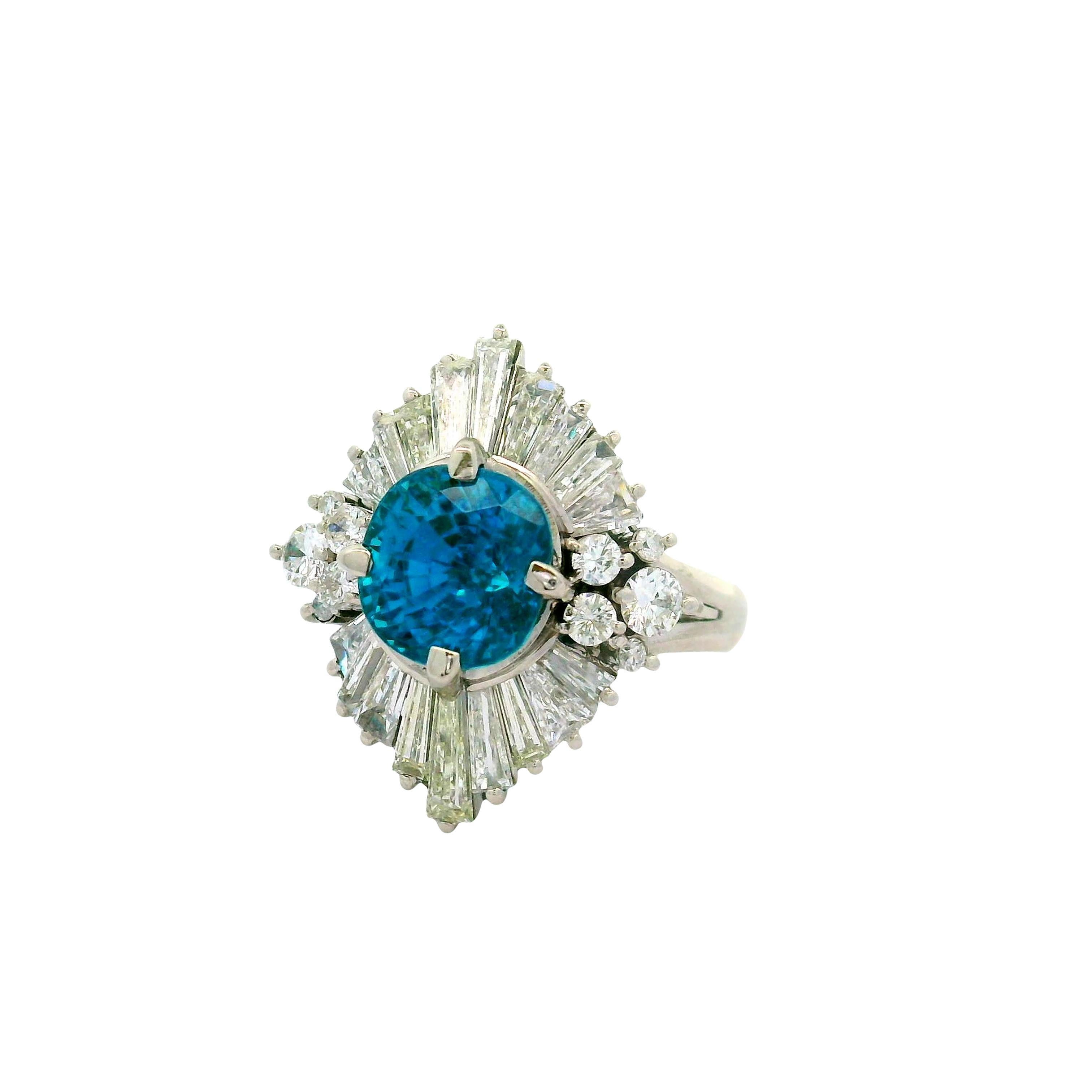 Contemporary 5.00 Carat Blue Zircon Diamond Platinum Burst Ring For Sale