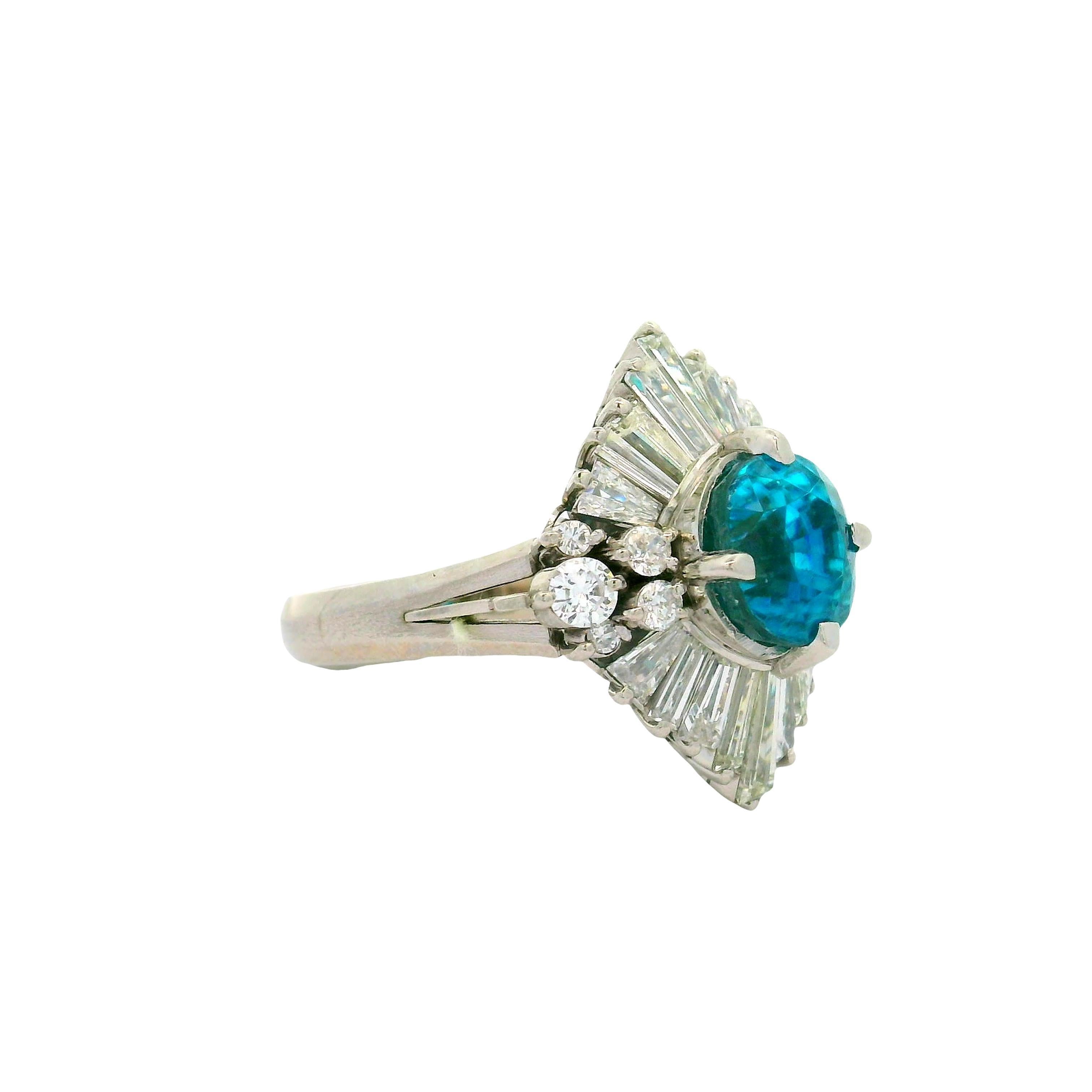 Oval Cut 5.00 Carat Blue Zircon Diamond Platinum Burst Ring For Sale