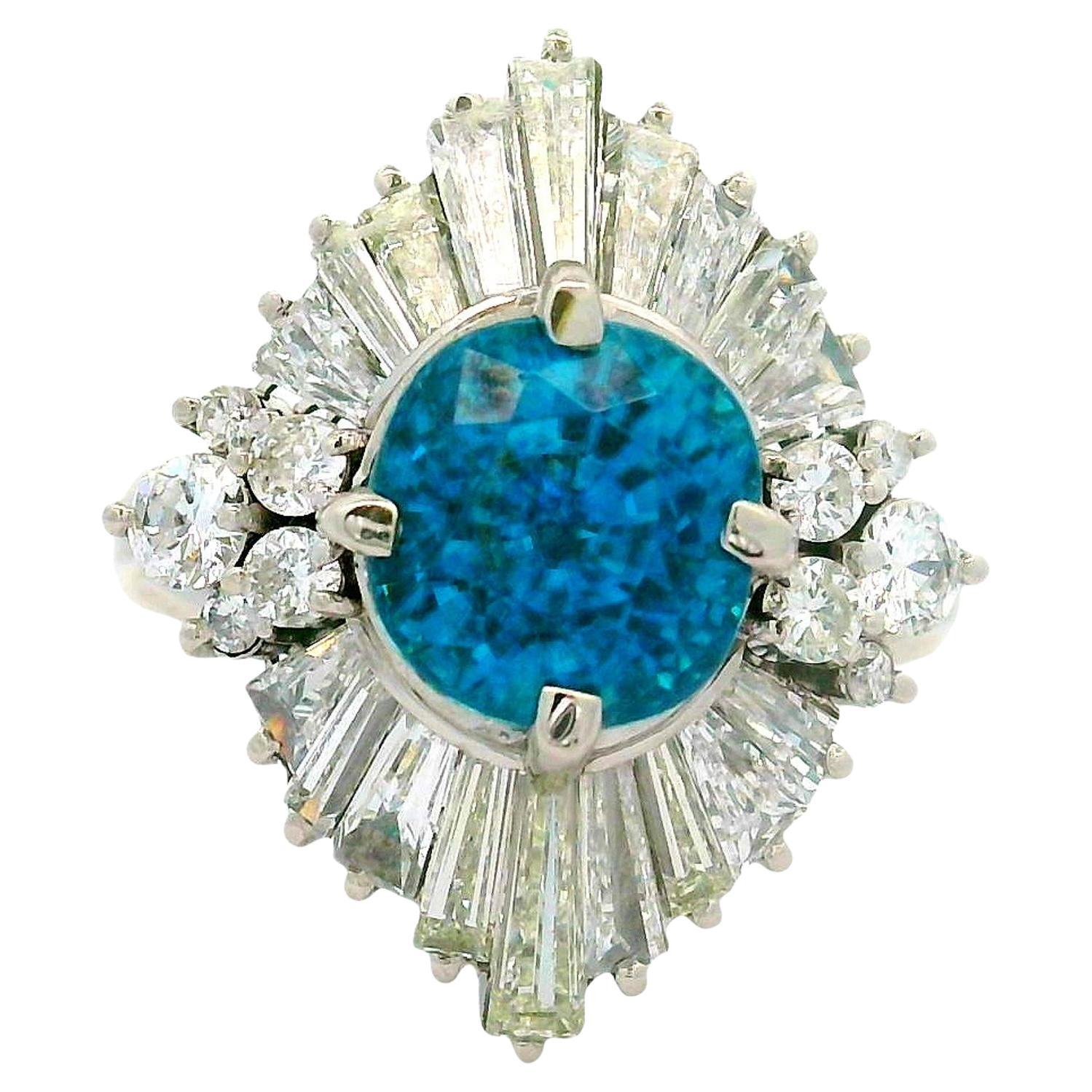 5.00 Carat Blue Zircon Diamond Platinum Burst Ring For Sale