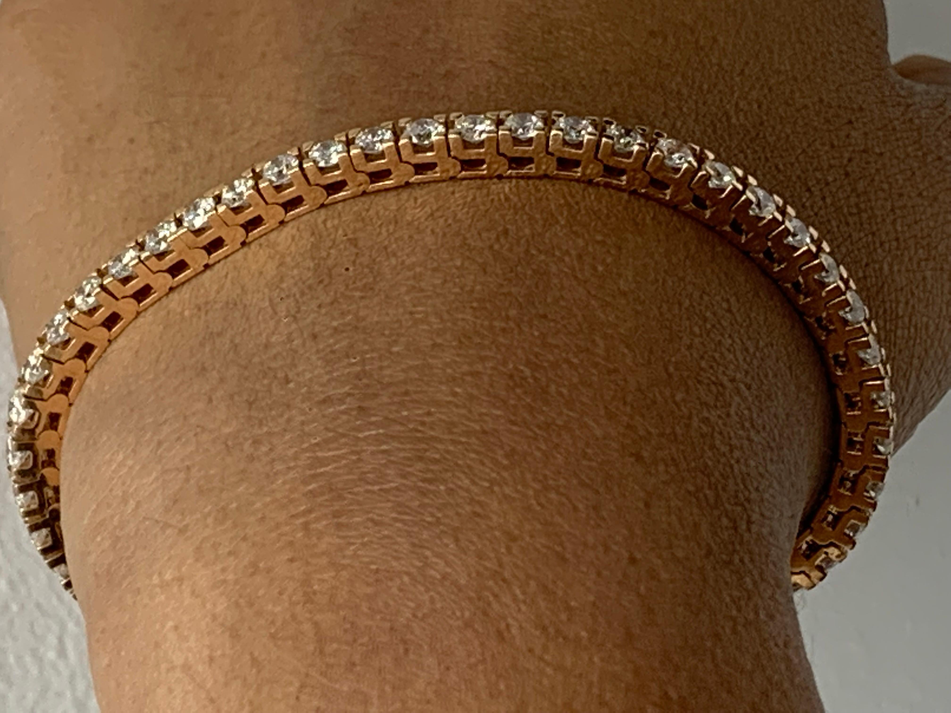 Women's 5.00 Carat Brilliant Cut Round Diamond Tennis Bracelet in 14K Rose Gold For Sale