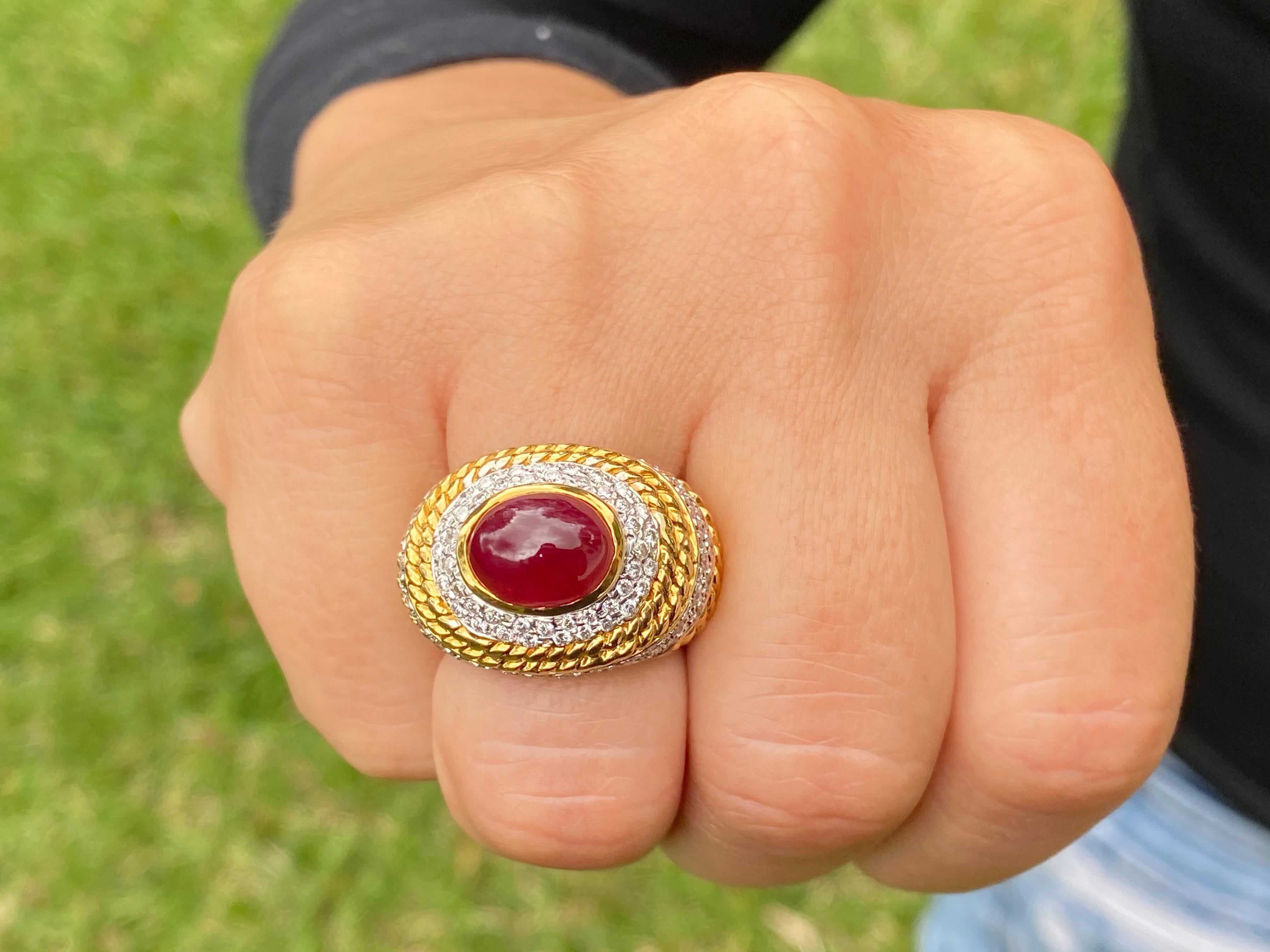 5.00 Carat Cabochon-Cut Ruby, Diamond and 18K Yellow Gold Cocktail Ring For Sale 6
