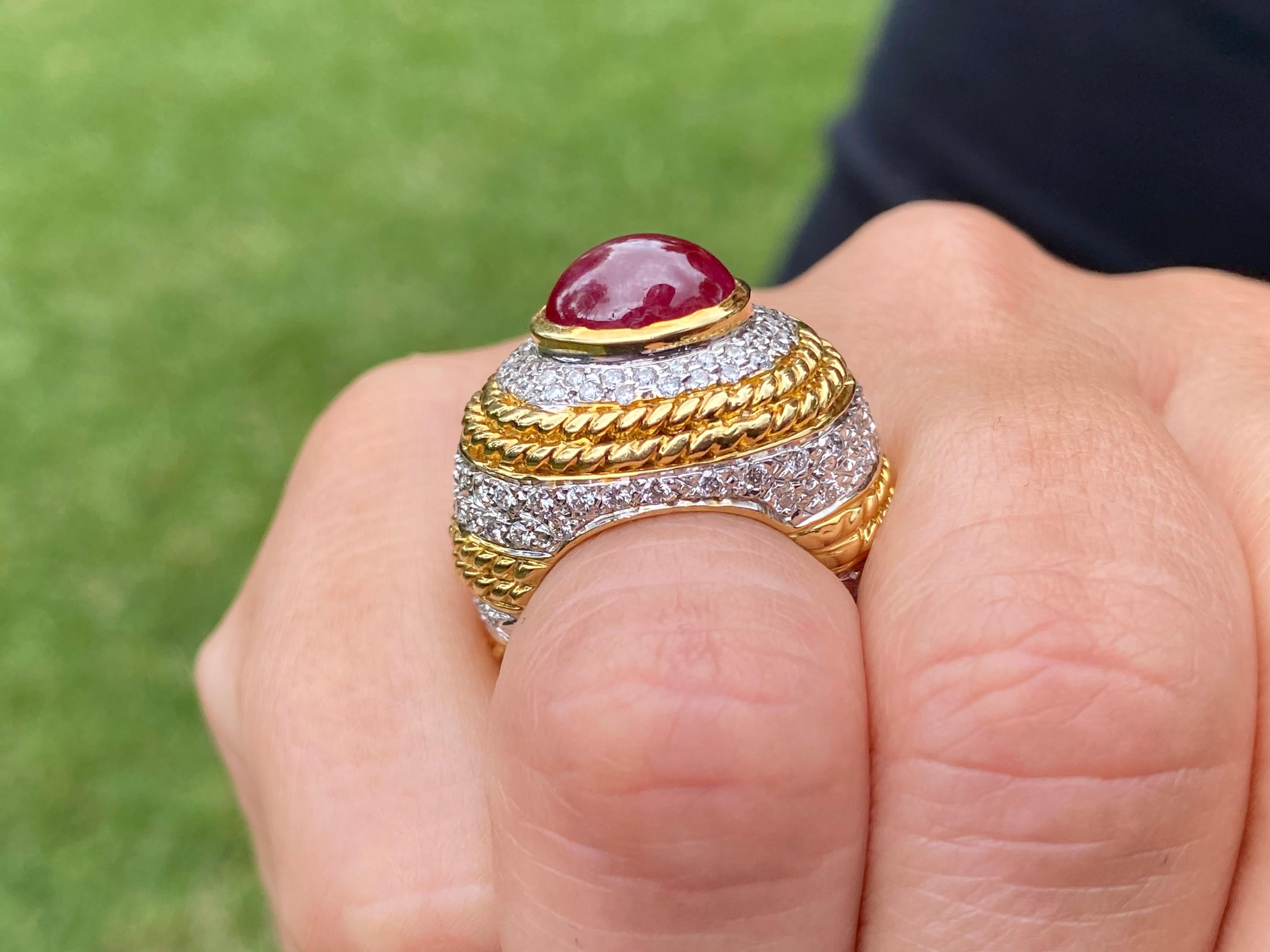 5.00 Carat Cabochon-Cut Ruby, Diamond and 18K Yellow Gold Cocktail Ring For Sale 9