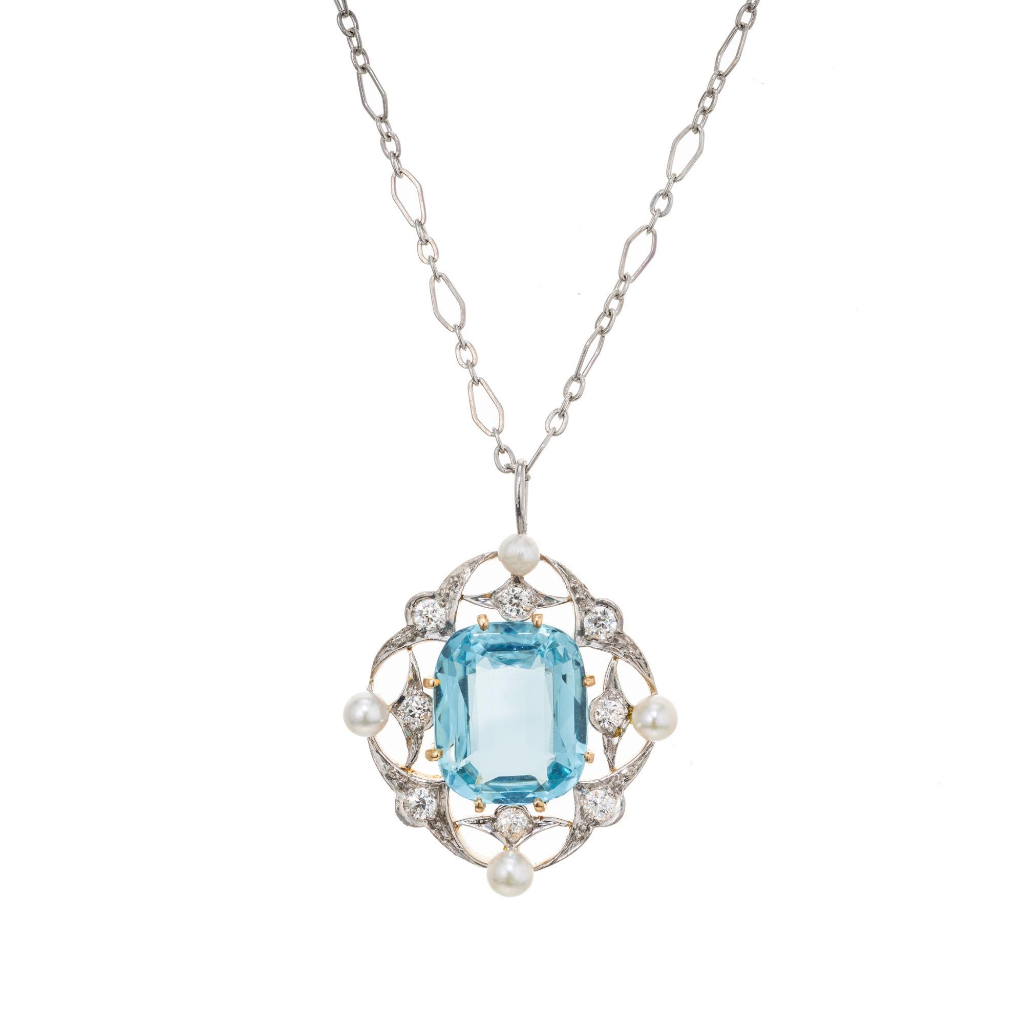 Beautiful mid-century 1860's antique aqua, diamond and pearl pendant necklace. 5.00ct cushion cut aquamarine center stone, set in a handmade platinum and 14k yellow gold setting, accented by 8 old mine cut diamonds and 4 white cultured pearls. .