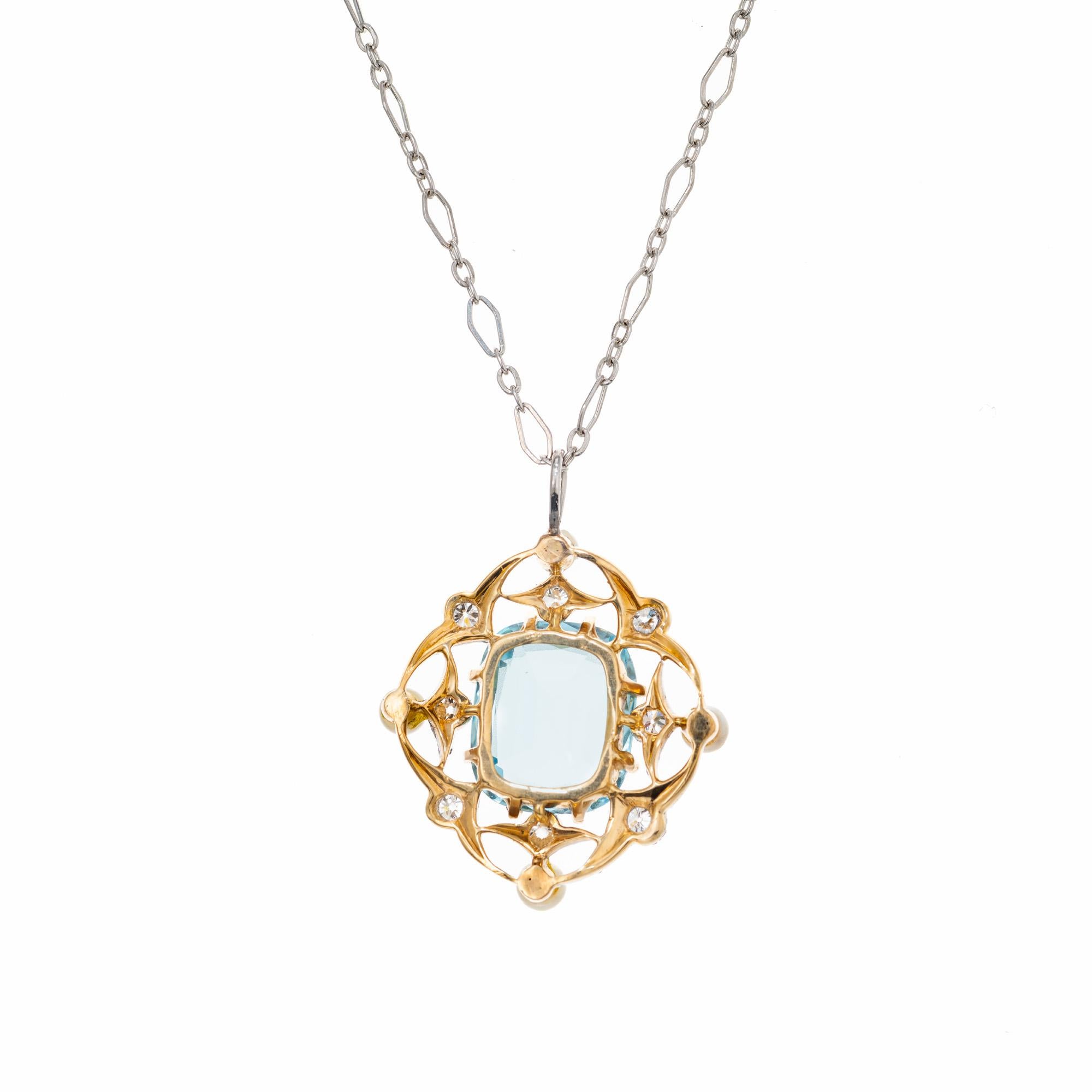 5.00 Carat Aquamarine Diamond Pearl Platinum Antique Pendentif Necklace  Bon état - En vente à Stamford, CT