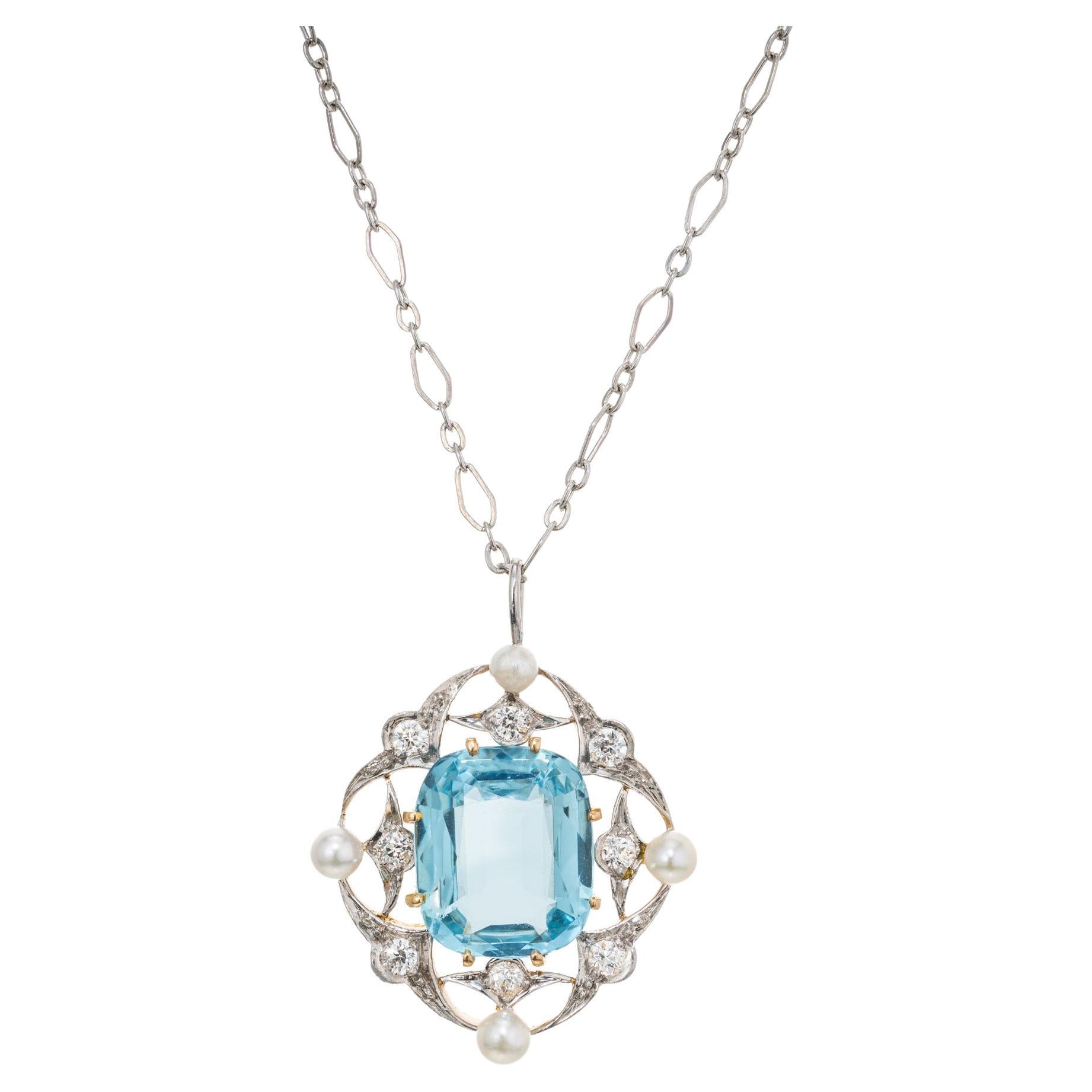 5.00 Carat Cushion Aquamarine Diamond Pearl Platinum Antique Pendant Necklace 