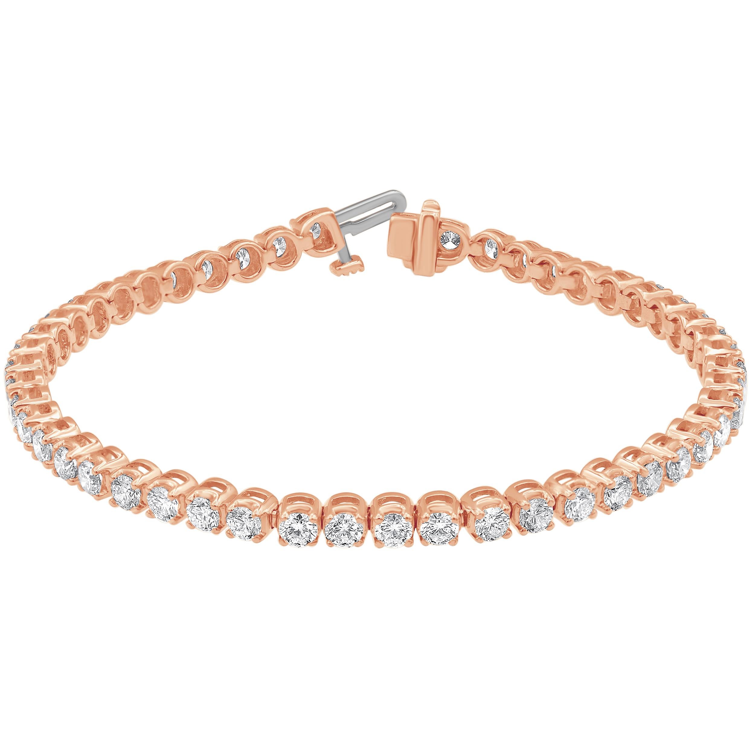 Your evening look isn't complete without this splendid diamond tennis bracelet. Fashioned in 14K rose gold, this timeless design features sparkling 1/10 ct. diamonds - each with a color rank of H-I and clarity of I1 - in a luxurious row. Resplendent