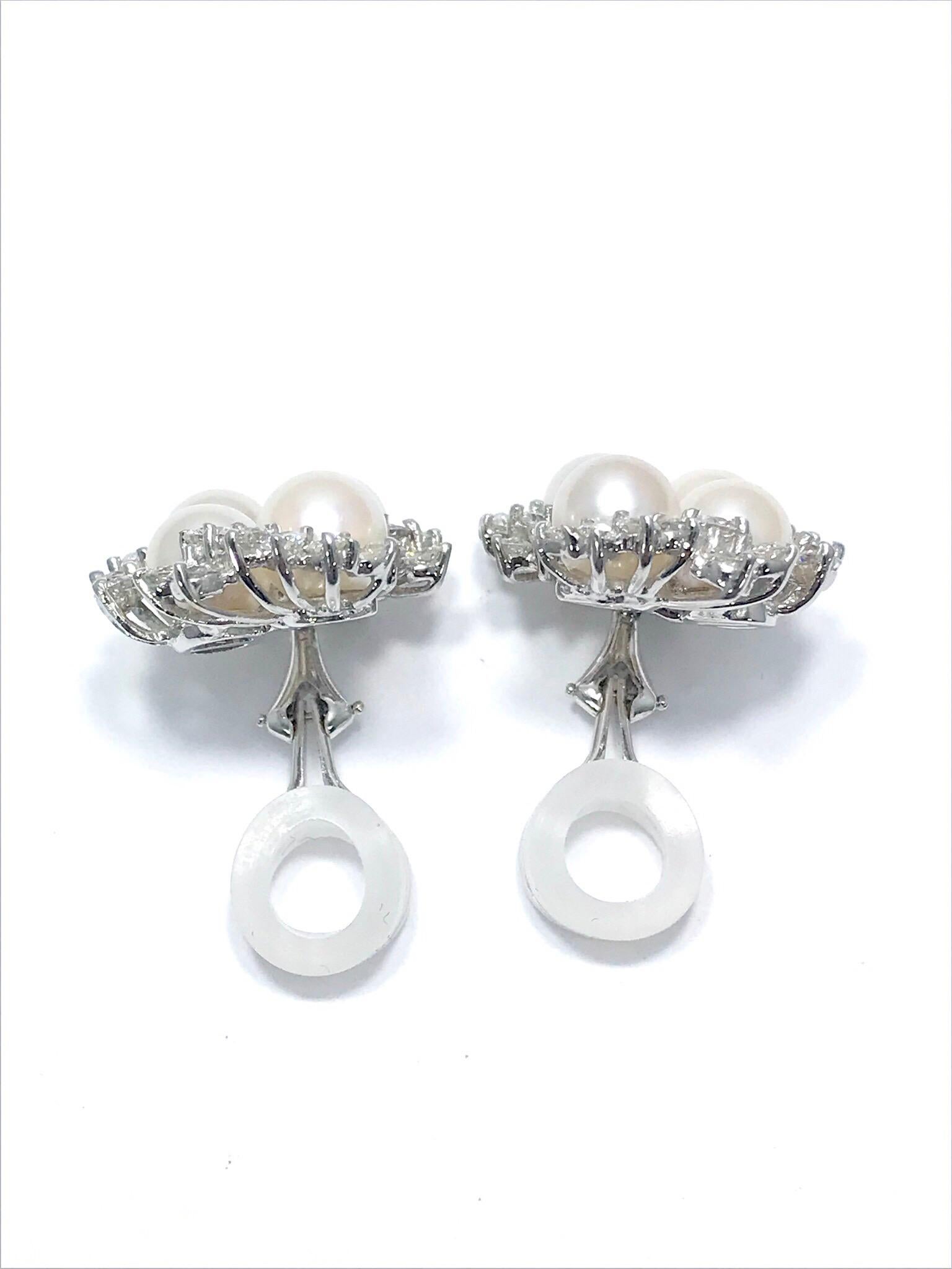 5.00 Carat Diamond and Cultured Pearl Platinum Clip Earrings In Excellent Condition In Chevy Chase, MD
