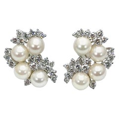 5.00 Carat Diamond and Cultured Pearl Platinum Clip Earrings