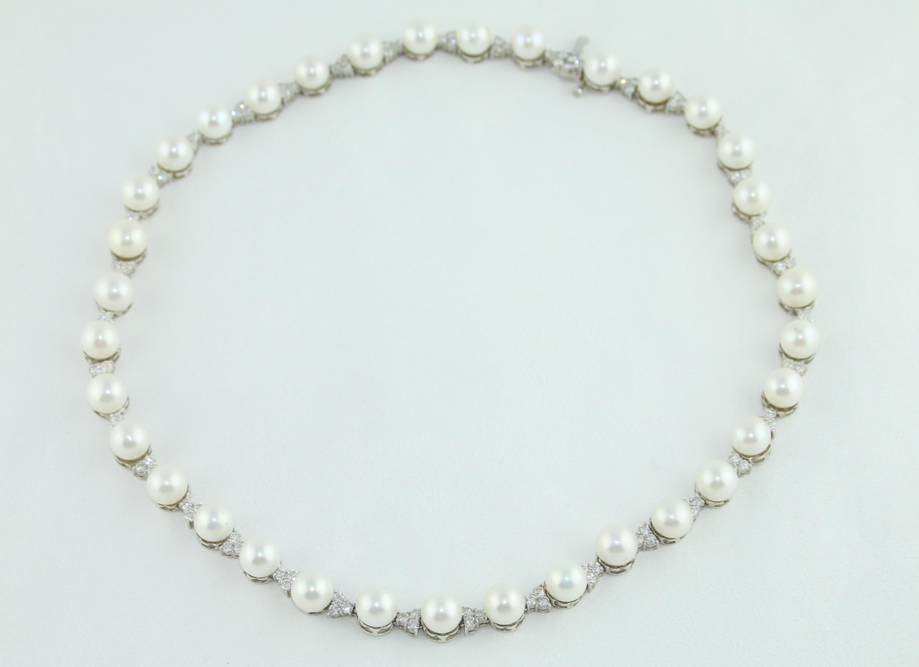 Women's 5.00 Carat Diamond and Pearl White Gold Necklace For Sale