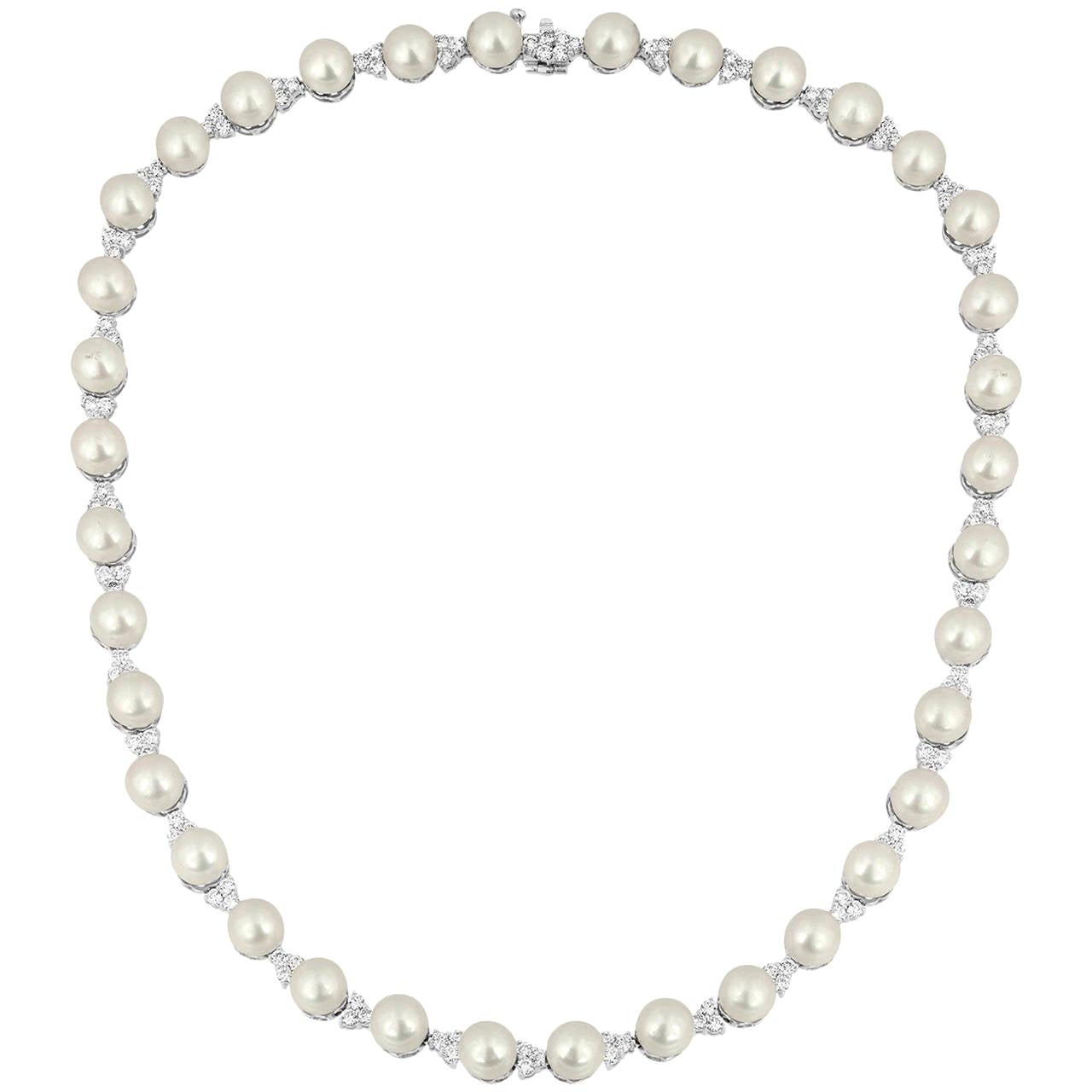 5.00 Carat Diamond and Pearl White Gold Necklace For Sale