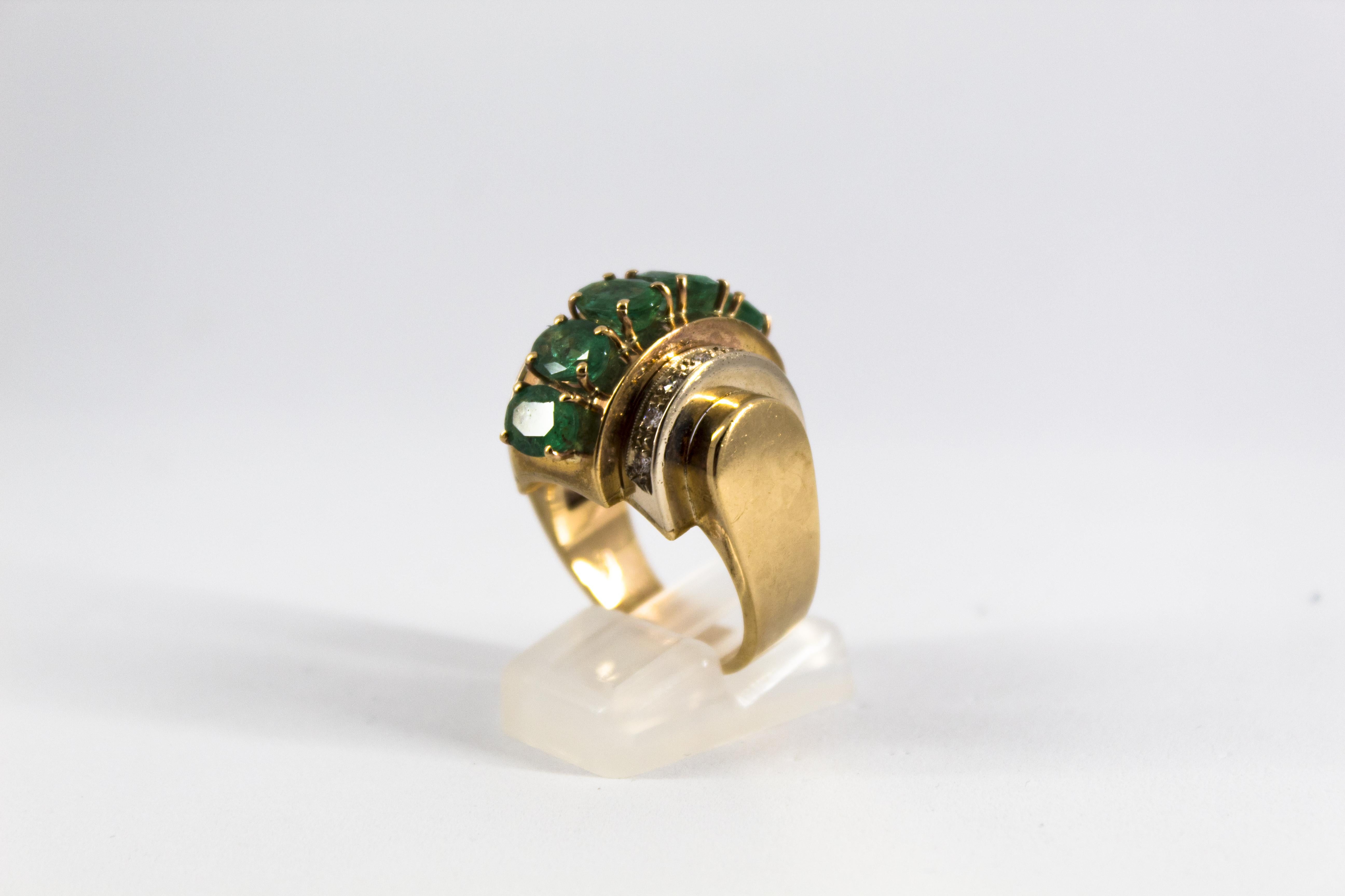 Art Deco 5.00 Carat Emerald 0.30 Carat White Diamond Yellow Gold Cocktail Ring