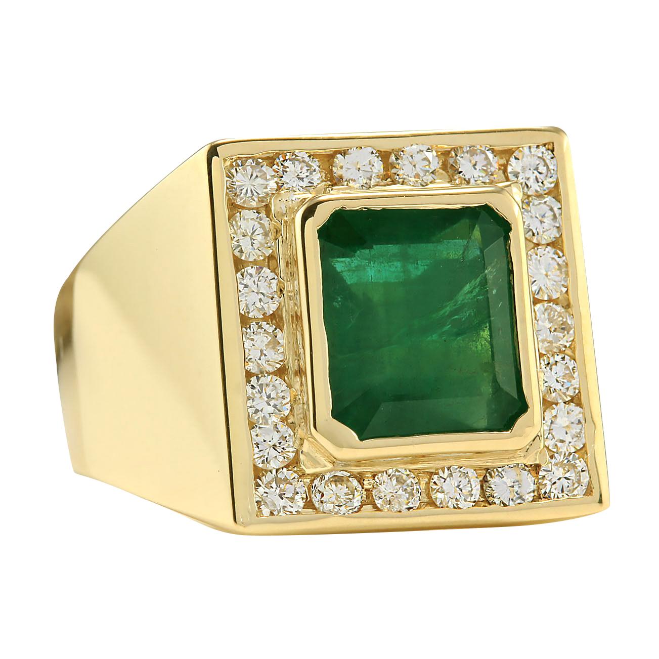 5.00 Carat Emerald 14 Karat Yellow Gold Diamond Ring
Stamped: 14K Yellow Gold
Total Ring Weight: 15.5 Grams
Total  Emerald Weight is 4.10 Carat (Measures: 11.00x10.00 mm)
Color: Green
Total  Diamond Weight is 0.90 Carat
Color: F-G, Clarity: