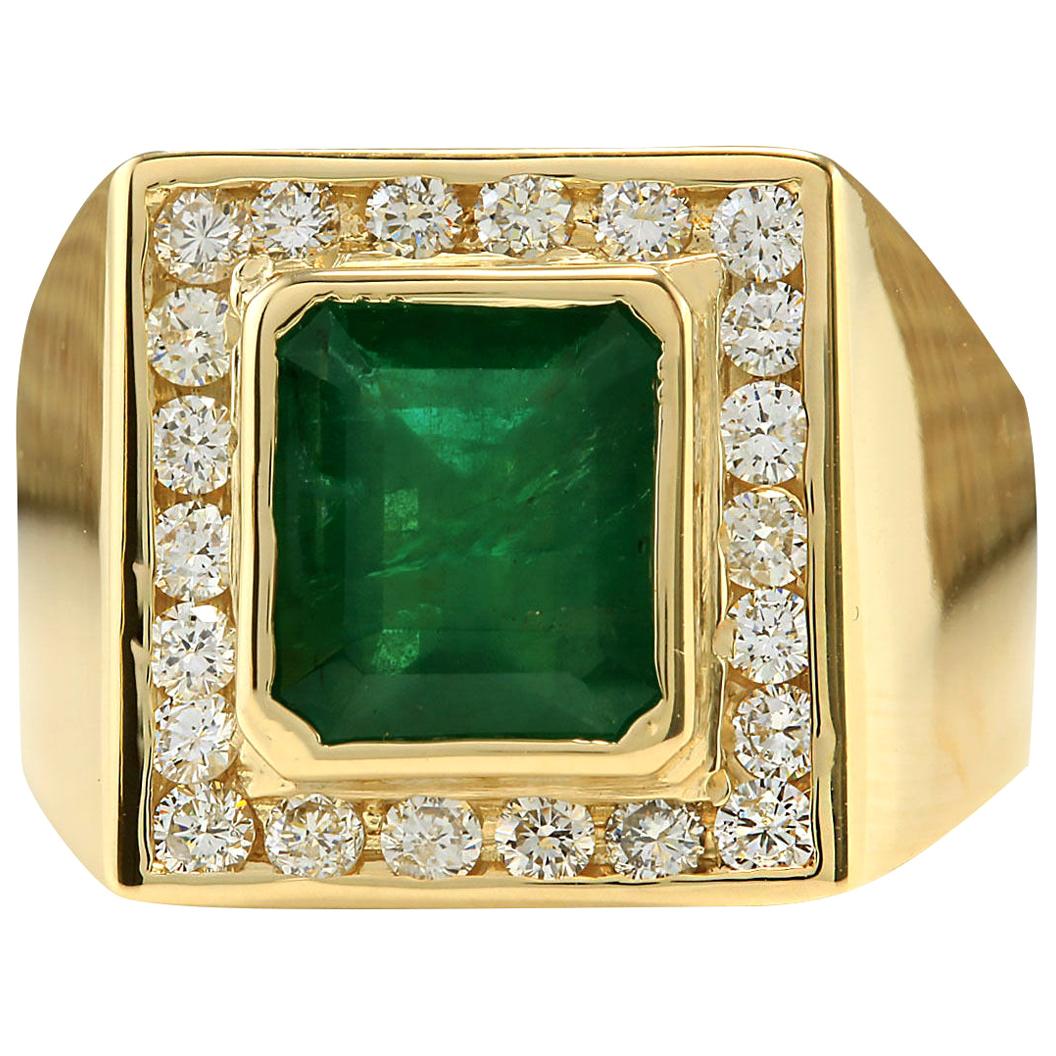 Men's Emerald Diamond Ring In 14 Karat Yellow Gold 