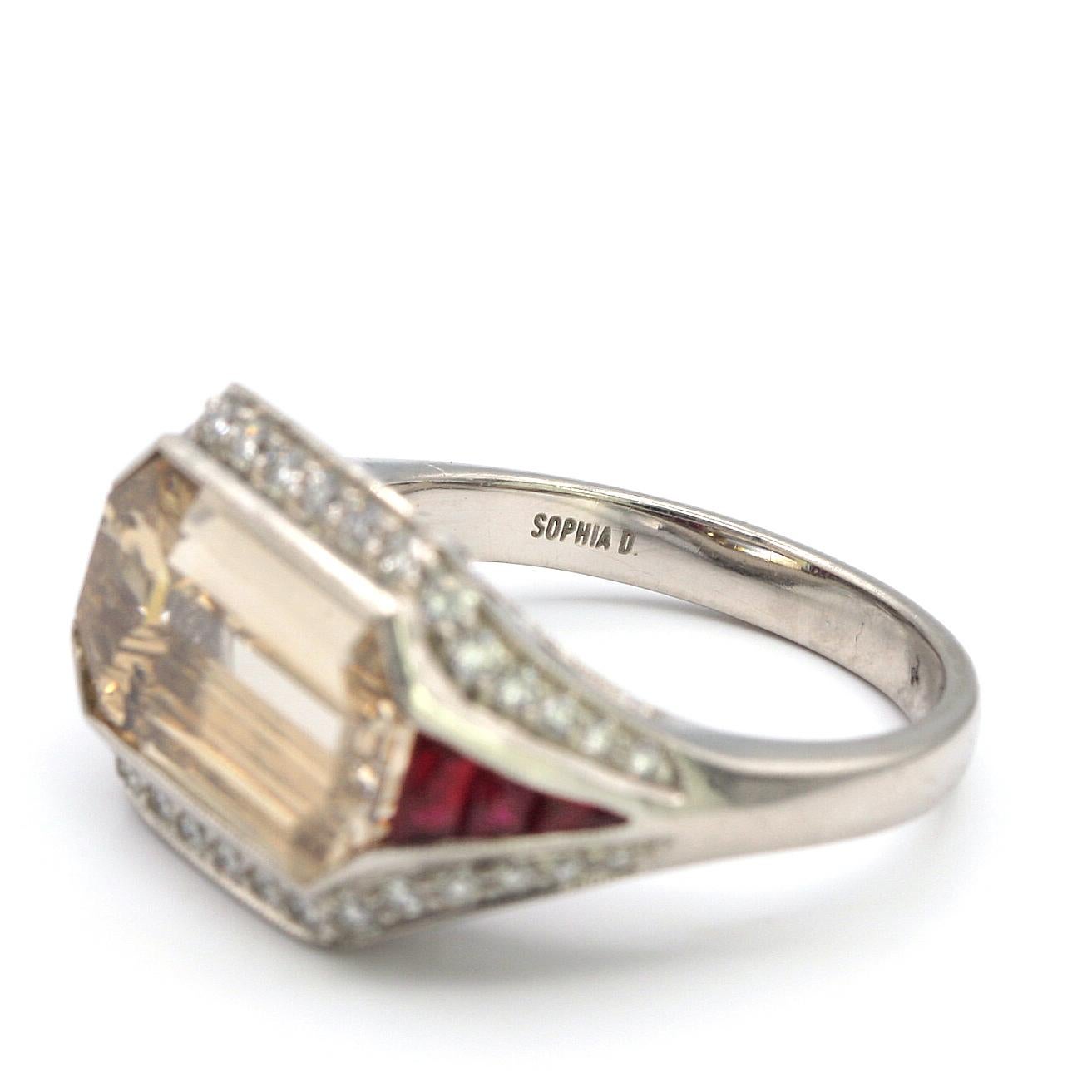 Women's or Men's 5.00 Carat Emerald Cut Diamond with Rubies in Platinum Ring For Sale