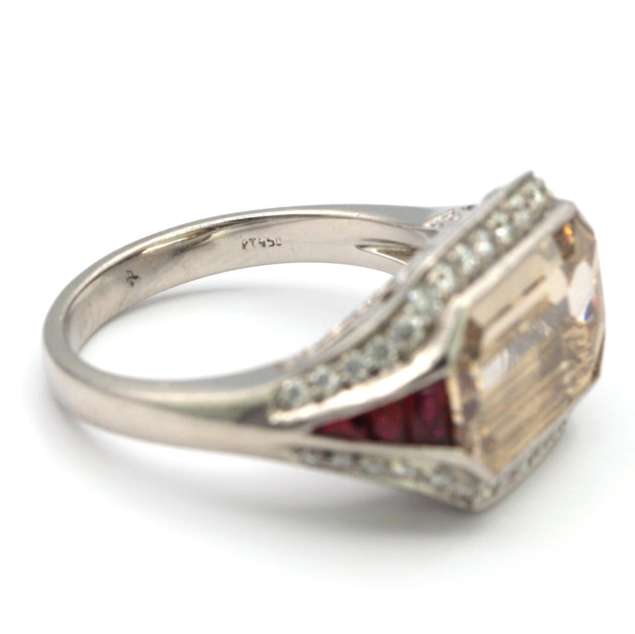 5.00 Carat Emerald Cut Diamond with Rubies in Platinum Ring For Sale 1