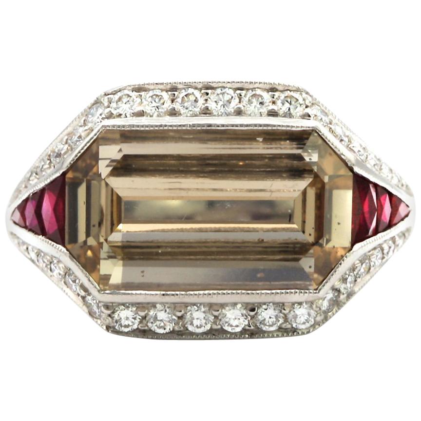 5.00 Carat Emerald Cut Diamond with Rubies in Platinum Ring For Sale